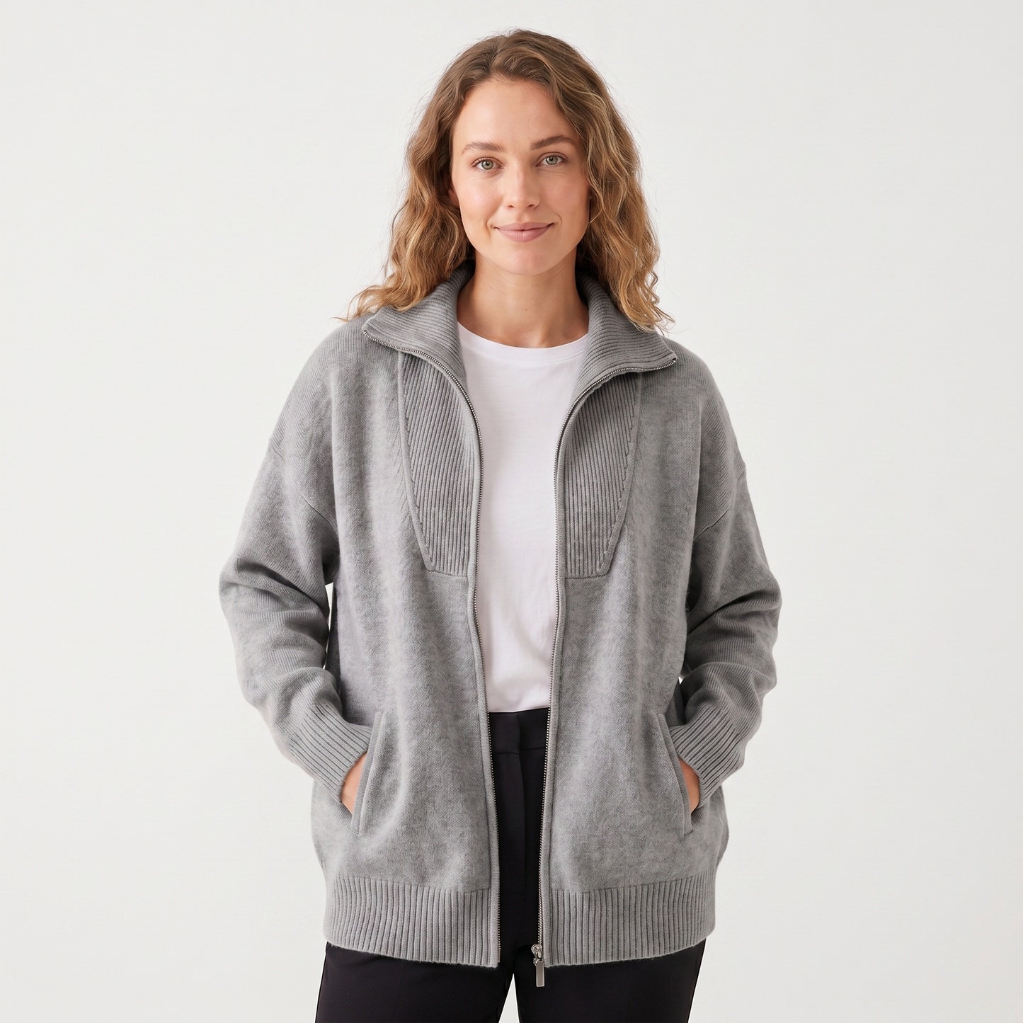 Women's Zip-Up Knit Jacket – Brushed Knit Ribbed Yoke Funnel Neck