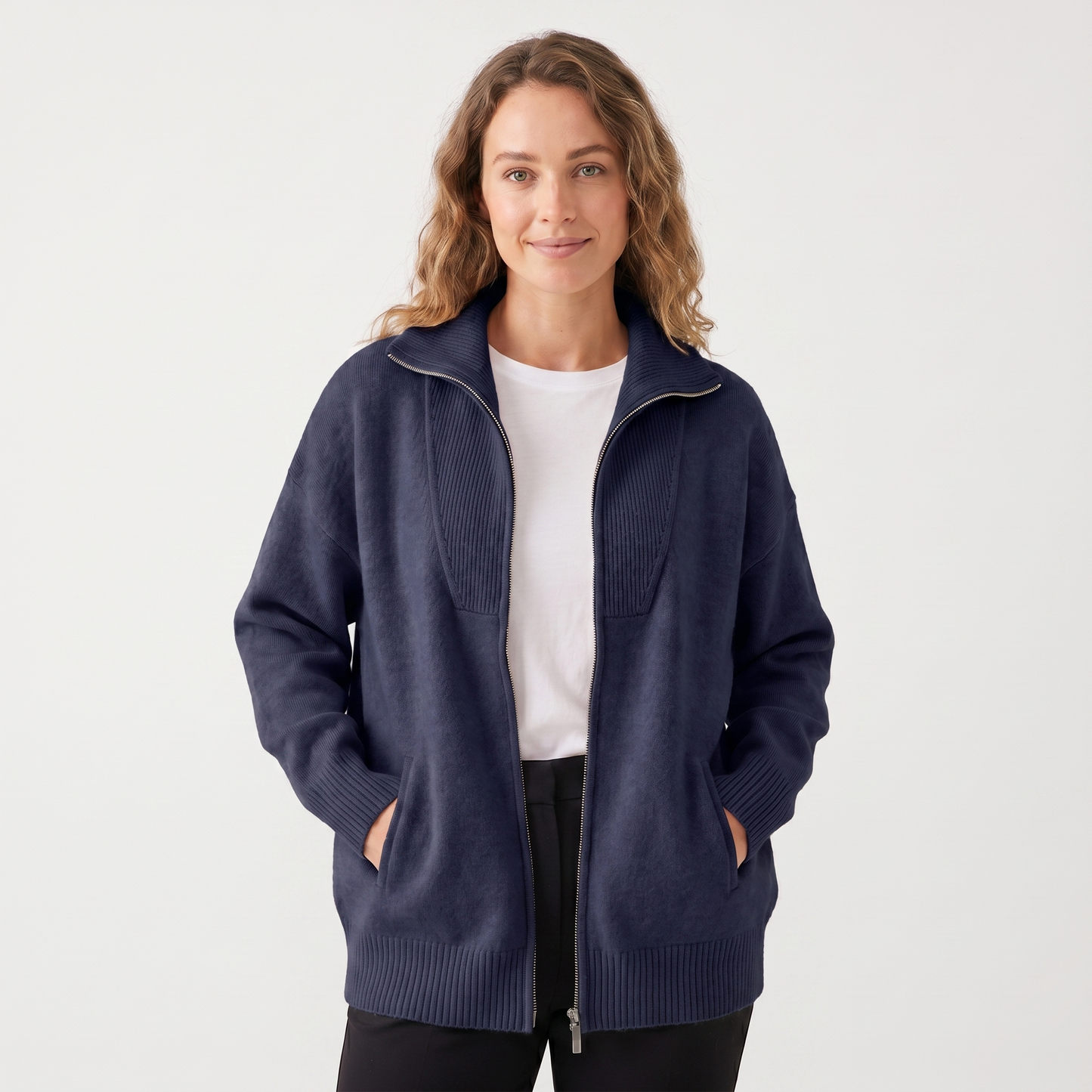 Women's Zip-Up Knit Jacket – Brushed Knit Ribbed Yoke Funnel Neck