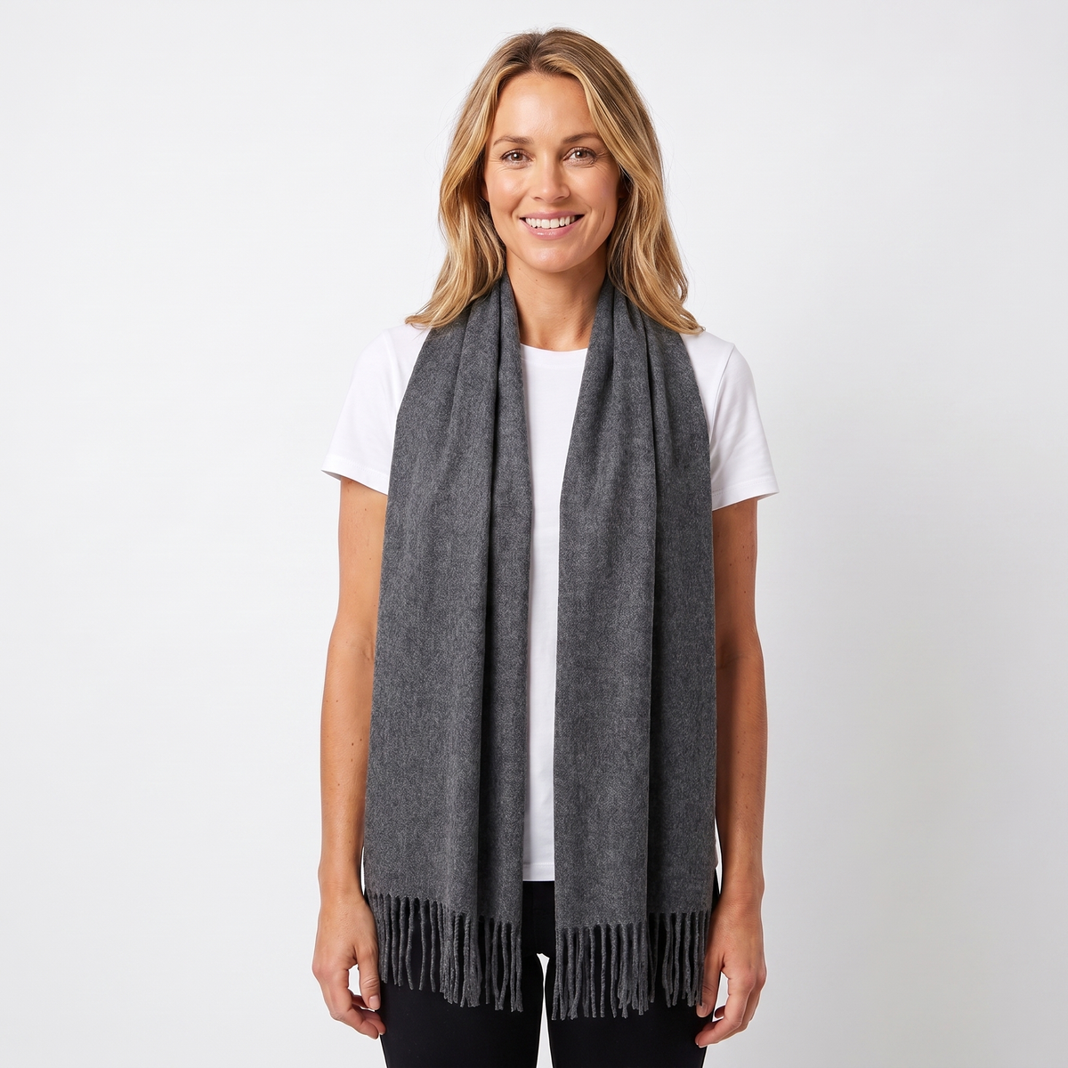 Women's Cashmere-Style Scarf – Oversized Plain Woven Fringe Wrap