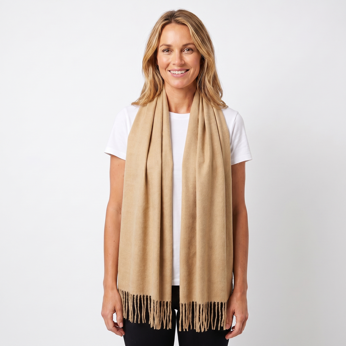 Women's Cashmere-Style Scarf – Oversized Plain Woven Fringe Wrap