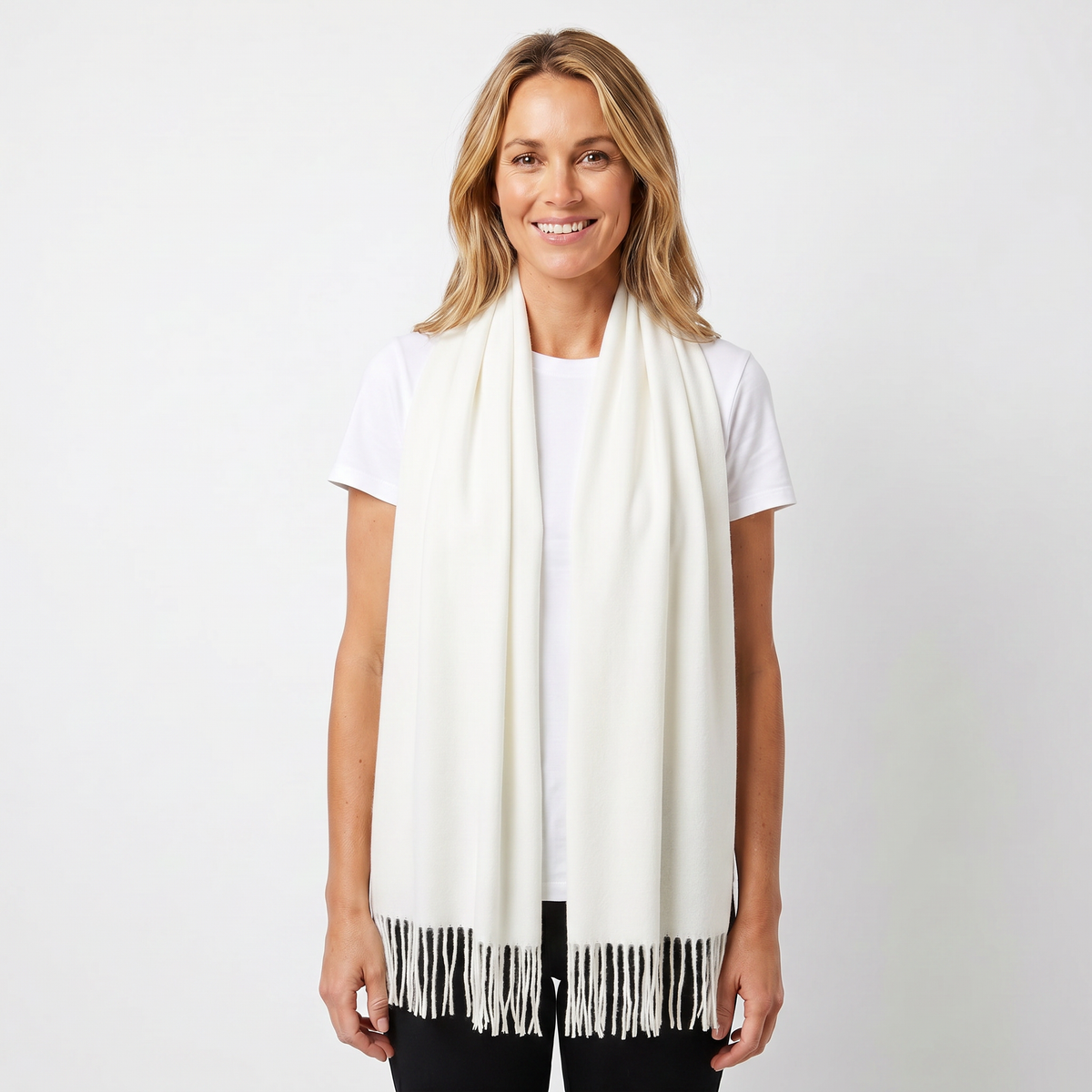 Women's Cashmere-Style Scarf – Oversized Plain Woven Fringe Wrap