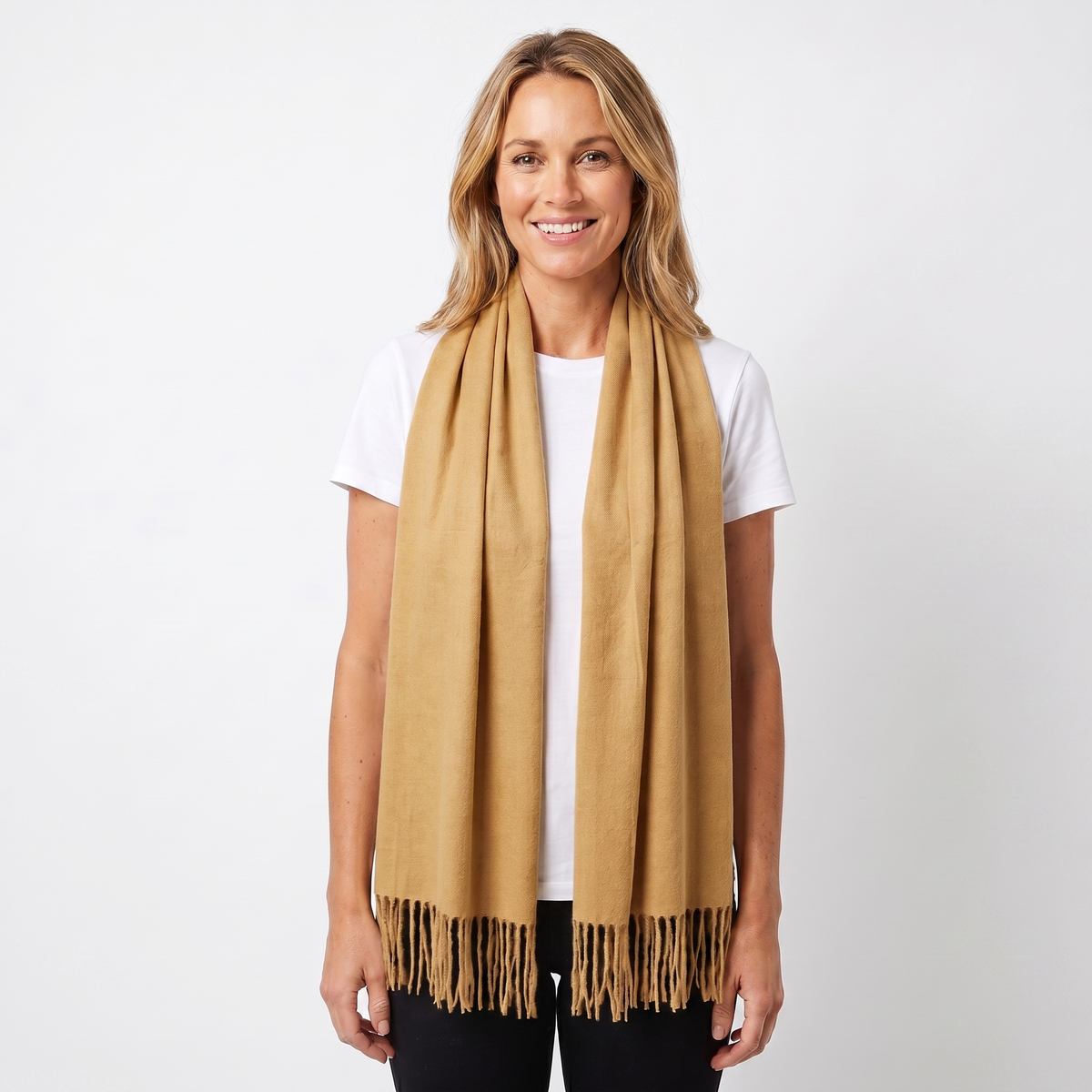 Women's Cashmere-Style Scarf – Oversized Plain Woven Fringe Wrap