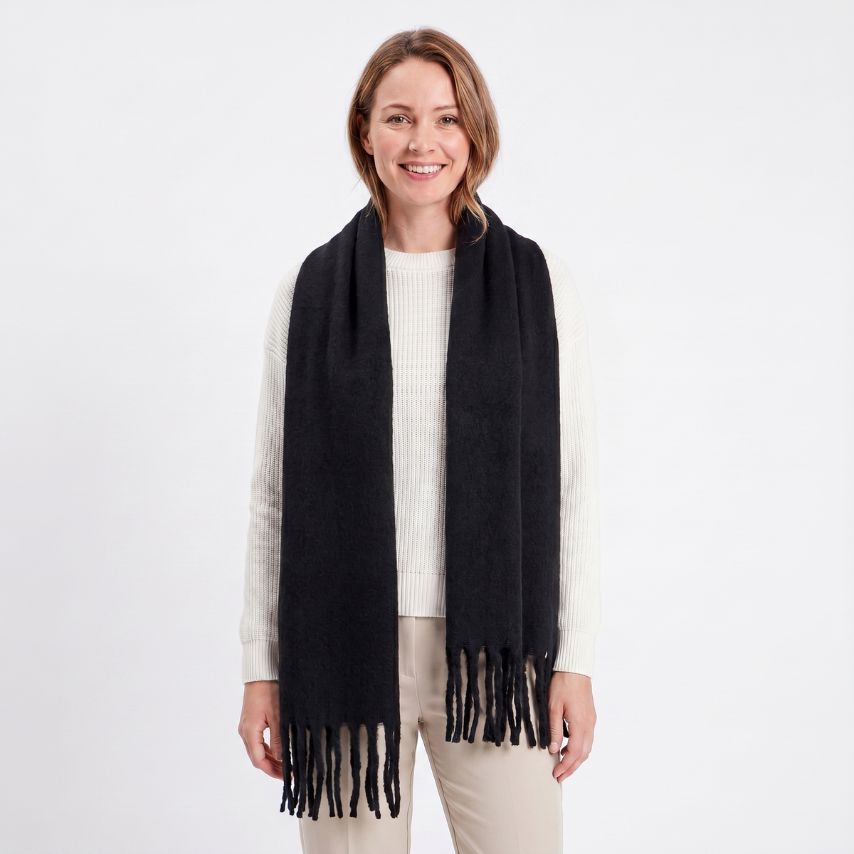 Women's Fluffy Scarf – Oversized Brushed Plain Fringe Wrap