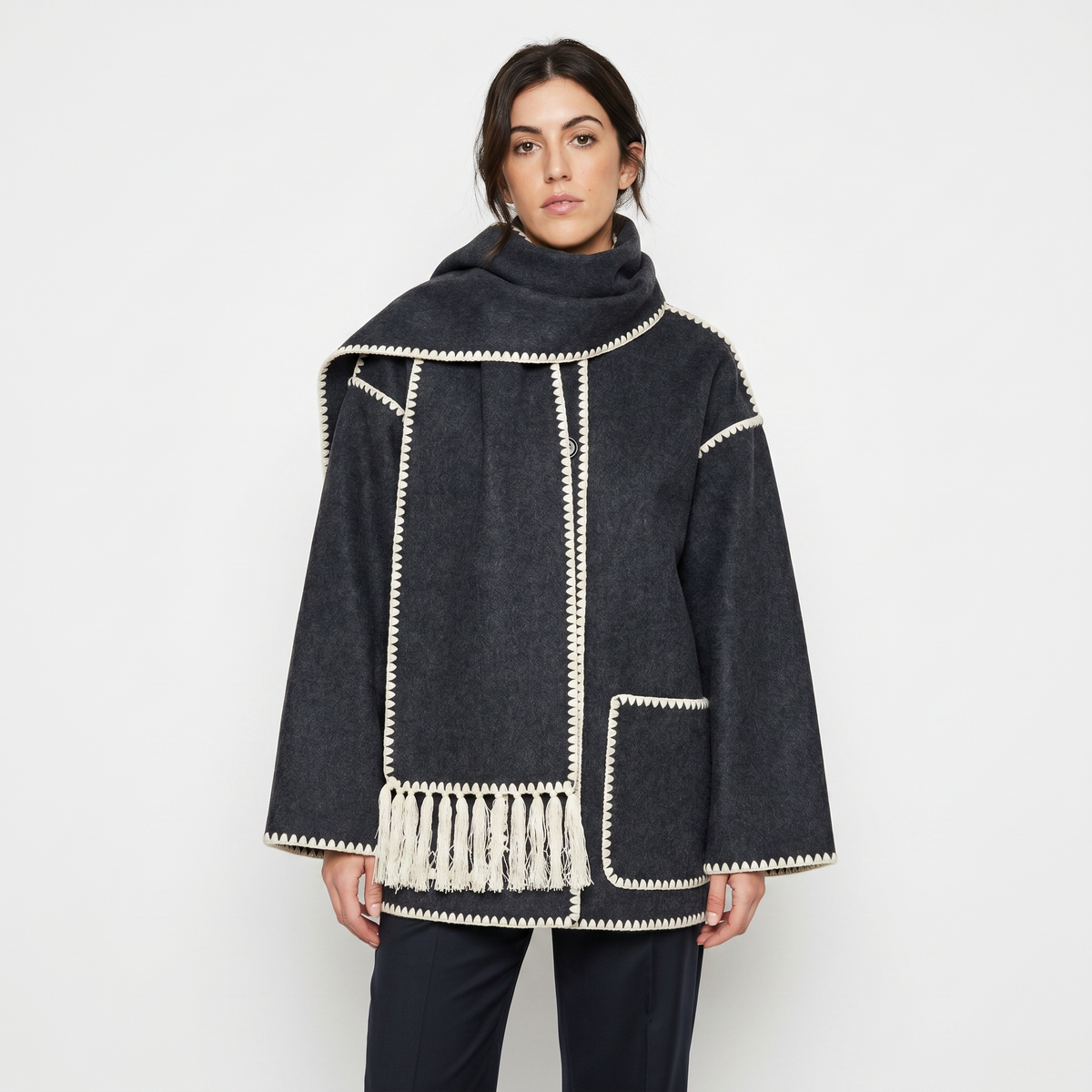 Women's Blanket Coat – Wool-Look Contrast Stitch Attached Scarf Tassel