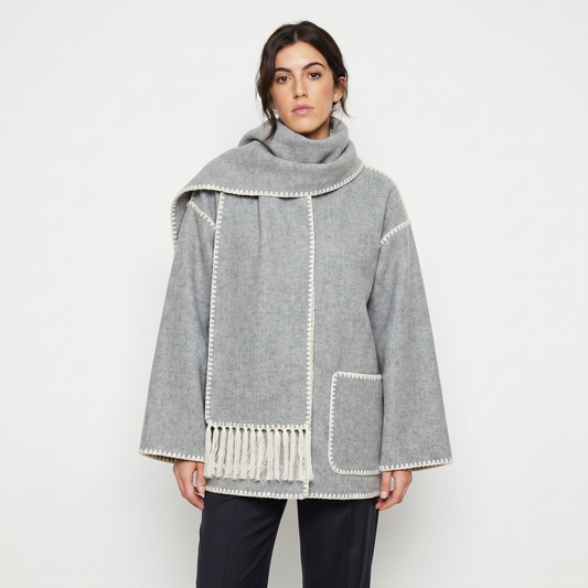 Women's Blanket Coat – Wool-Look Contrast Stitch Attached Scarf Tassel