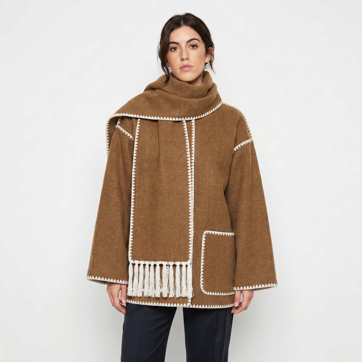Women's Blanket Coat – Wool-Look Contrast Stitch Attached Scarf Tassel