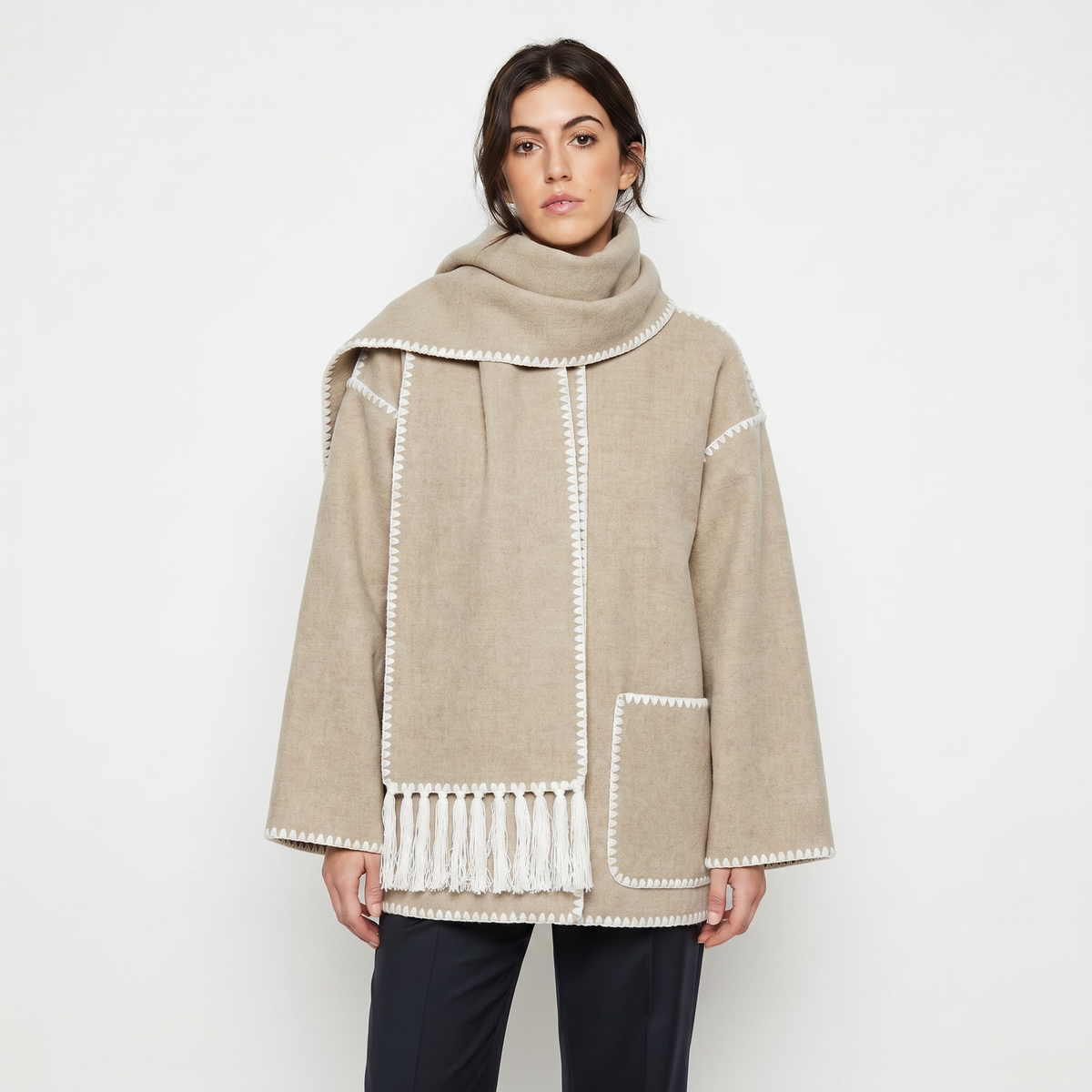 Women's Blanket Coat – Wool-Look Contrast Stitch Attached Scarf Tassel