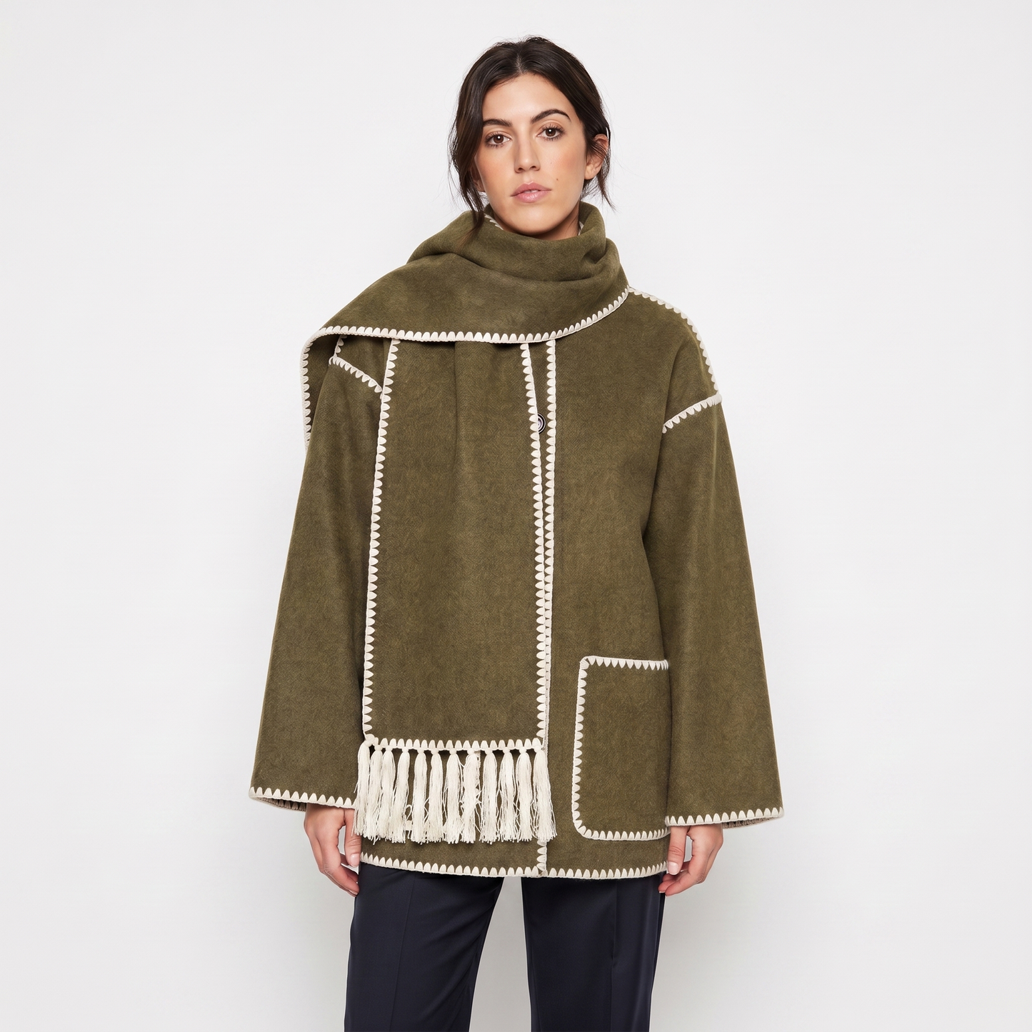 Women's Blanket Coat – Wool-Look Contrast Stitch Attached Scarf Tassel