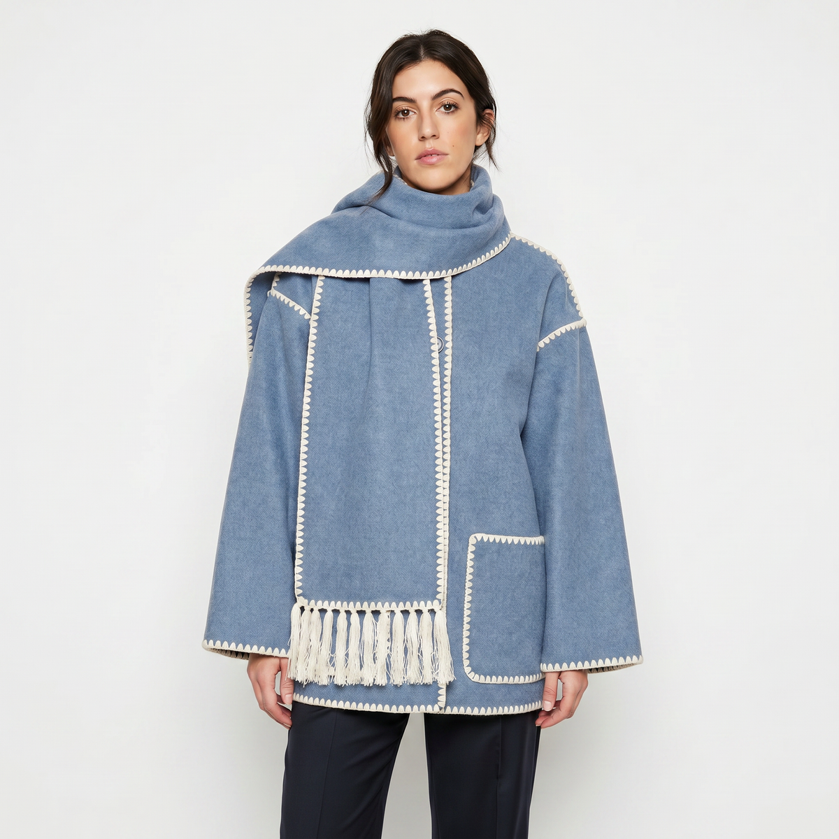 Women's Blanket Coat – Wool-Look Contrast Stitch Attached Scarf Tassel