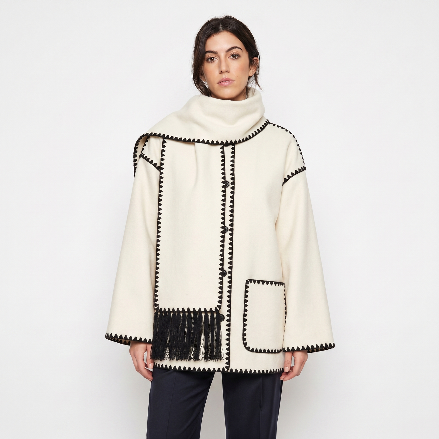 Women's Blanket Coat – Wool-Look Contrast Stitch Attached Scarf Tassel