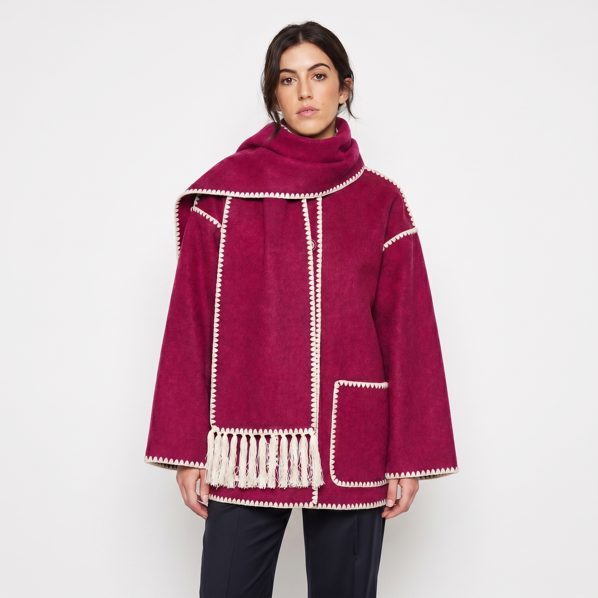 Women's Blanket Coat – Wool-Look Contrast Stitch Attached Scarf Tassel
