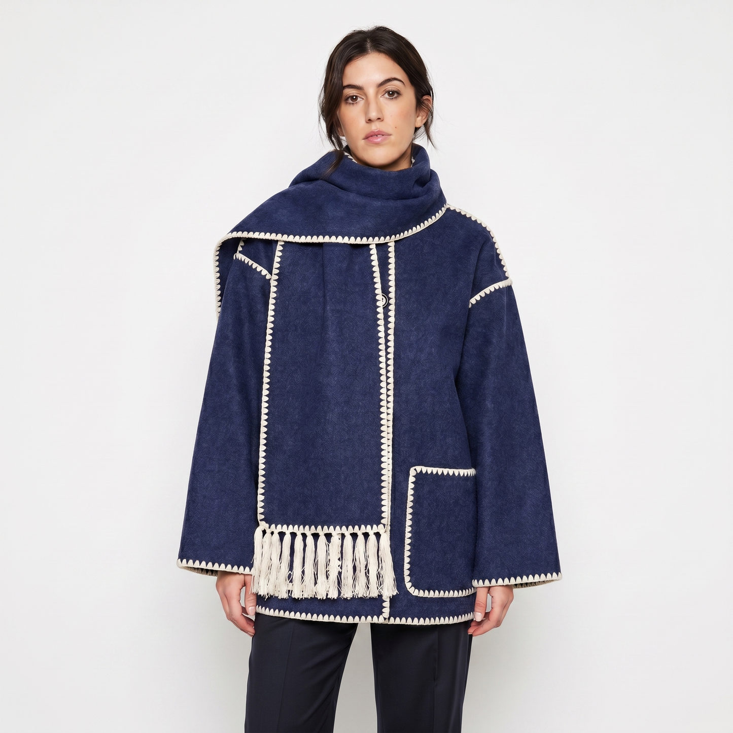 Women's Blanket Coat – Wool-Look Contrast Stitch Attached Scarf Tassel