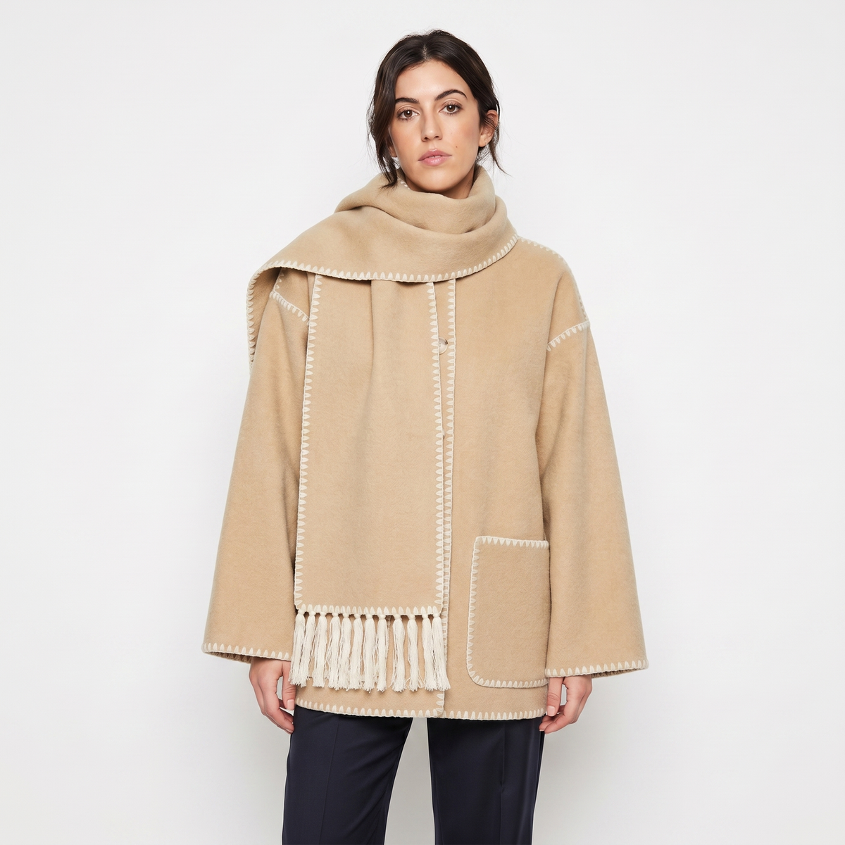 Women's Blanket Coat – Wool-Look Contrast Stitch Attached Scarf Tassel