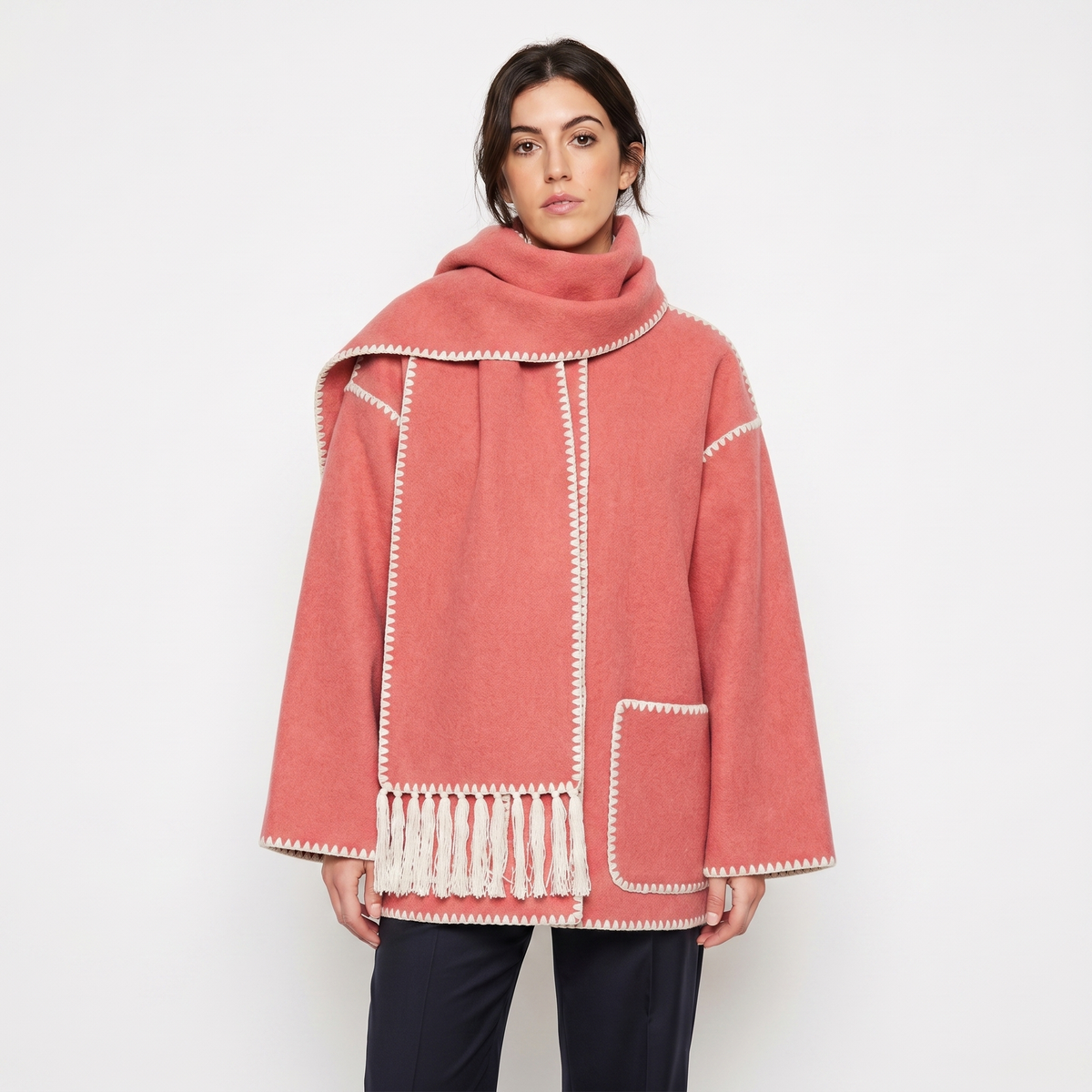 Women's Blanket Coat – Wool-Look Contrast Stitch Attached Scarf Tassel