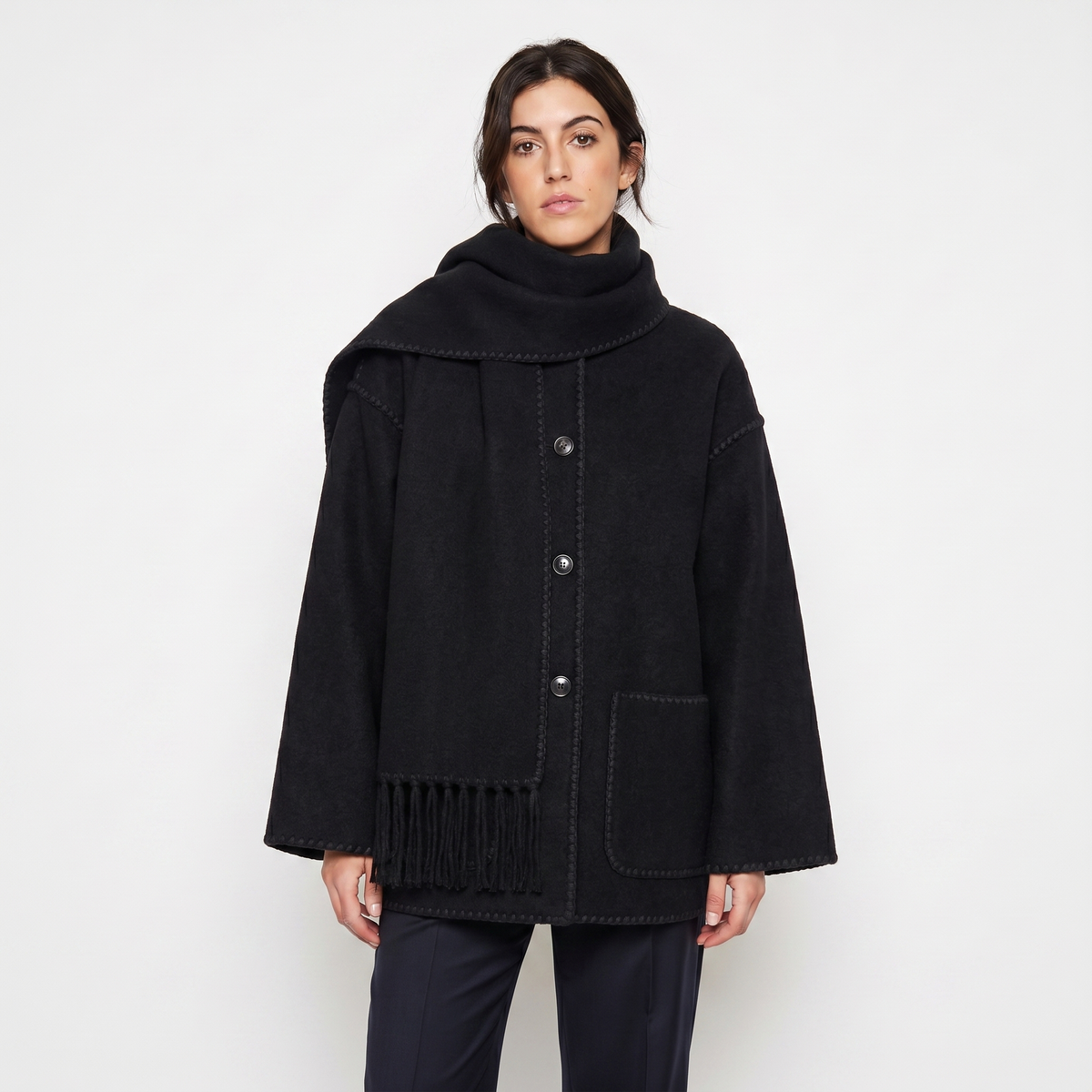 Women's Blanket Coat – Wool-Look Contrast Stitch Attached Scarf Tassel