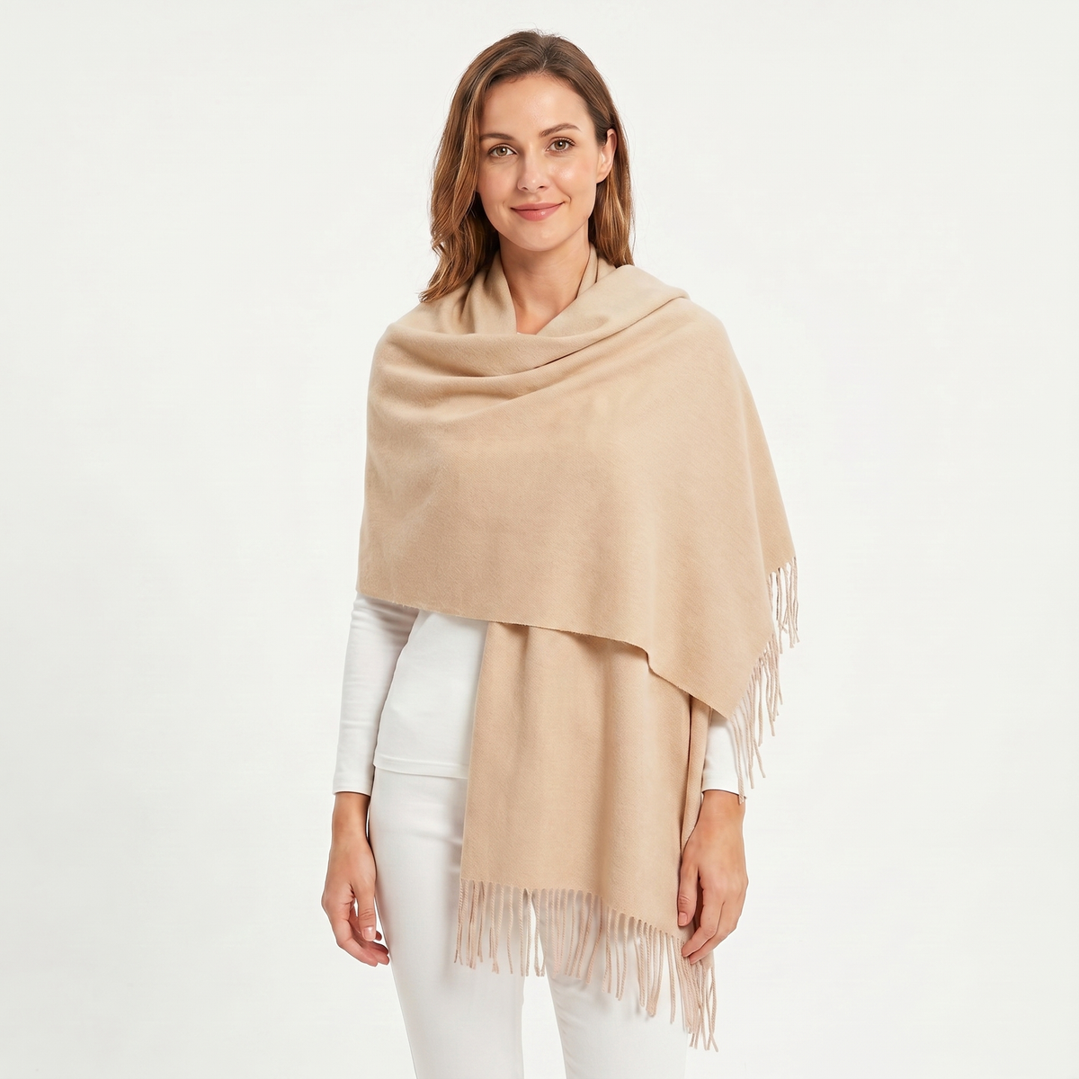 Women's Cashmere-Style Shawl – Oversized Plain Woven Fringe Wrap