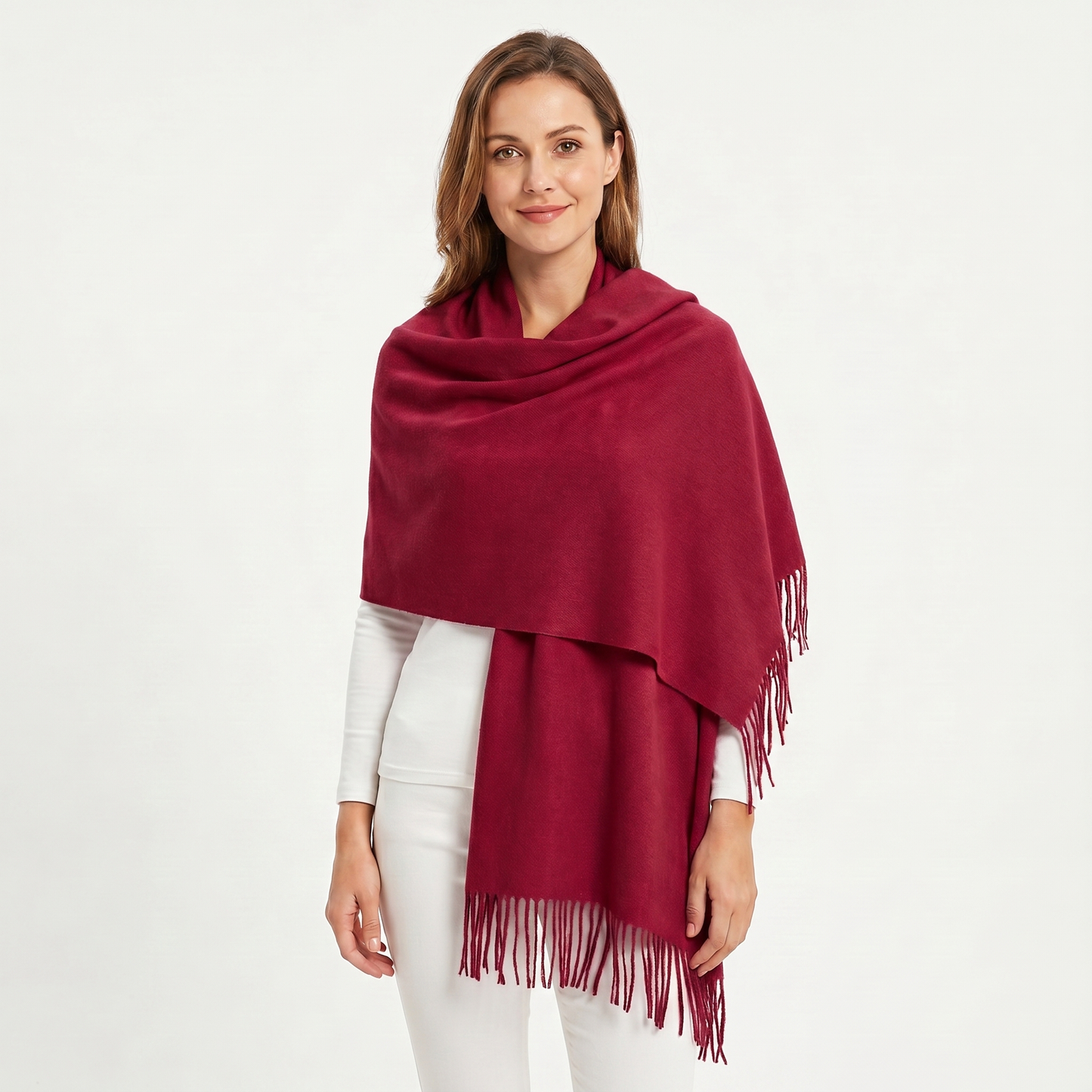Women's Cashmere-Style Shawl – Oversized Plain Woven Fringe Wrap