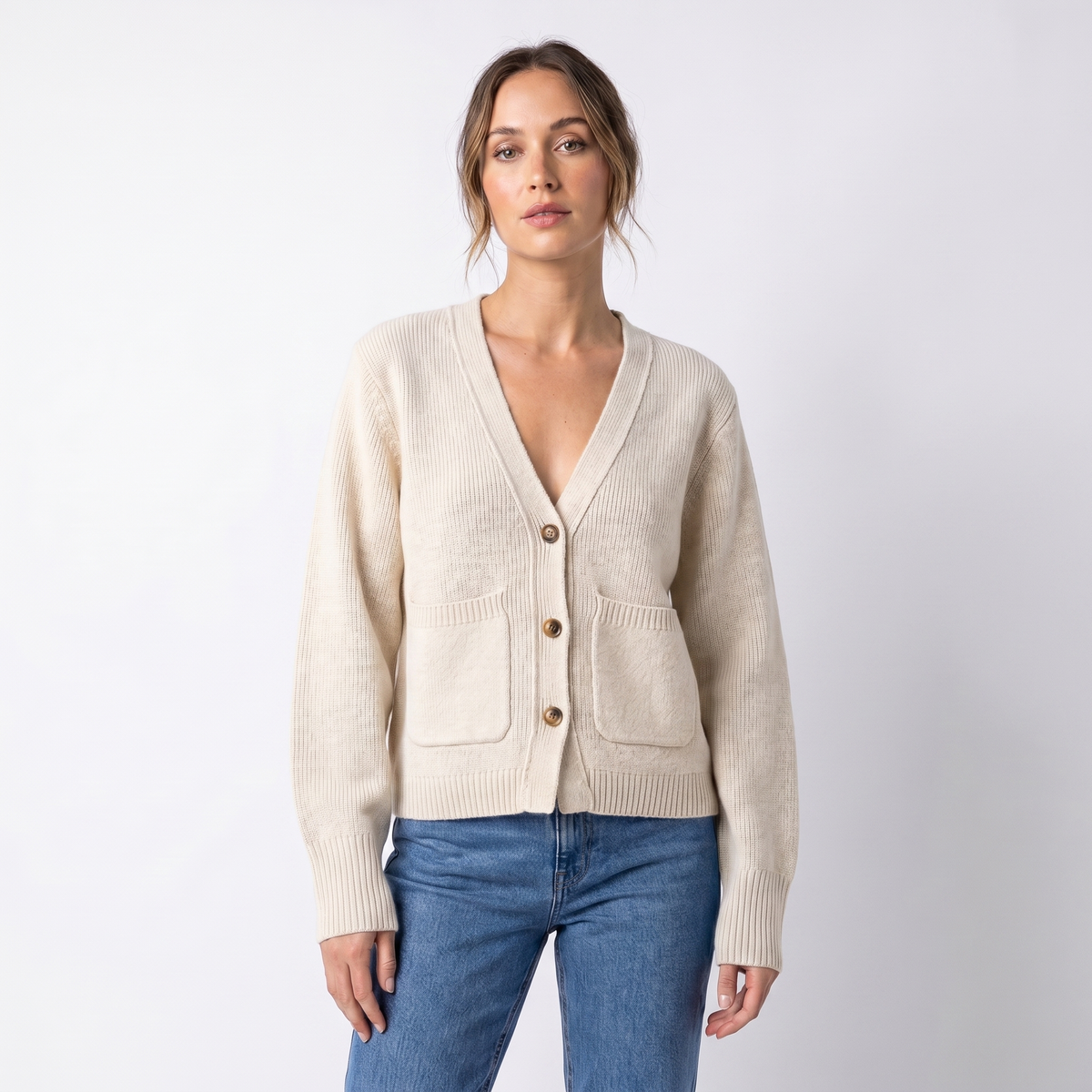 Women's V-Neck Cardigan – Cropped Button Front Patch Pockets Gold Buttons