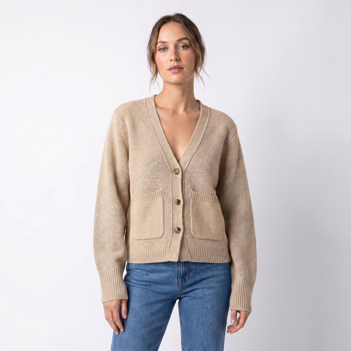 Women's V-Neck Cardigan – Cropped Button Front Patch Pockets Gold Buttons