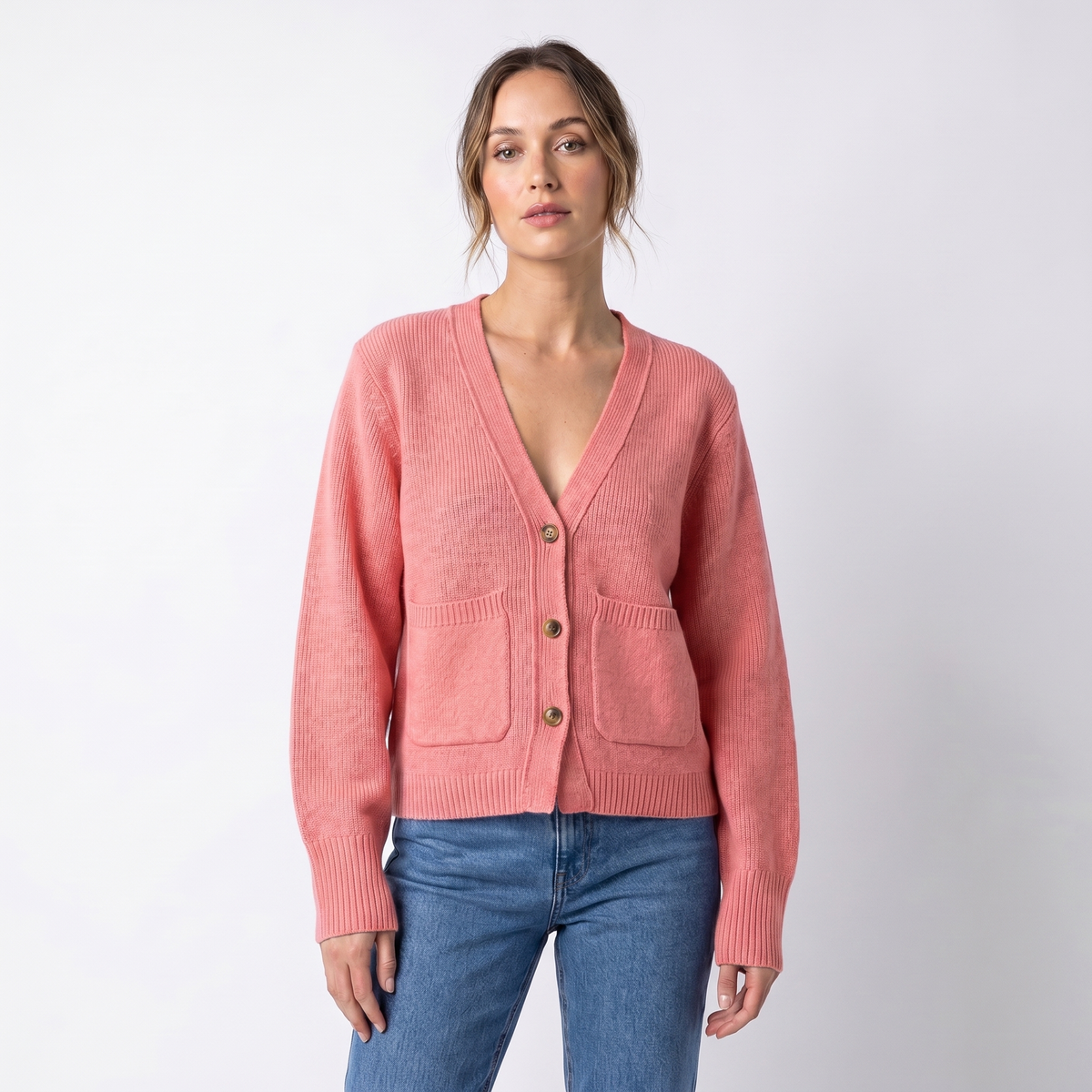 Women's V-Neck Cardigan – Cropped Button Front Patch Pockets Gold Buttons
