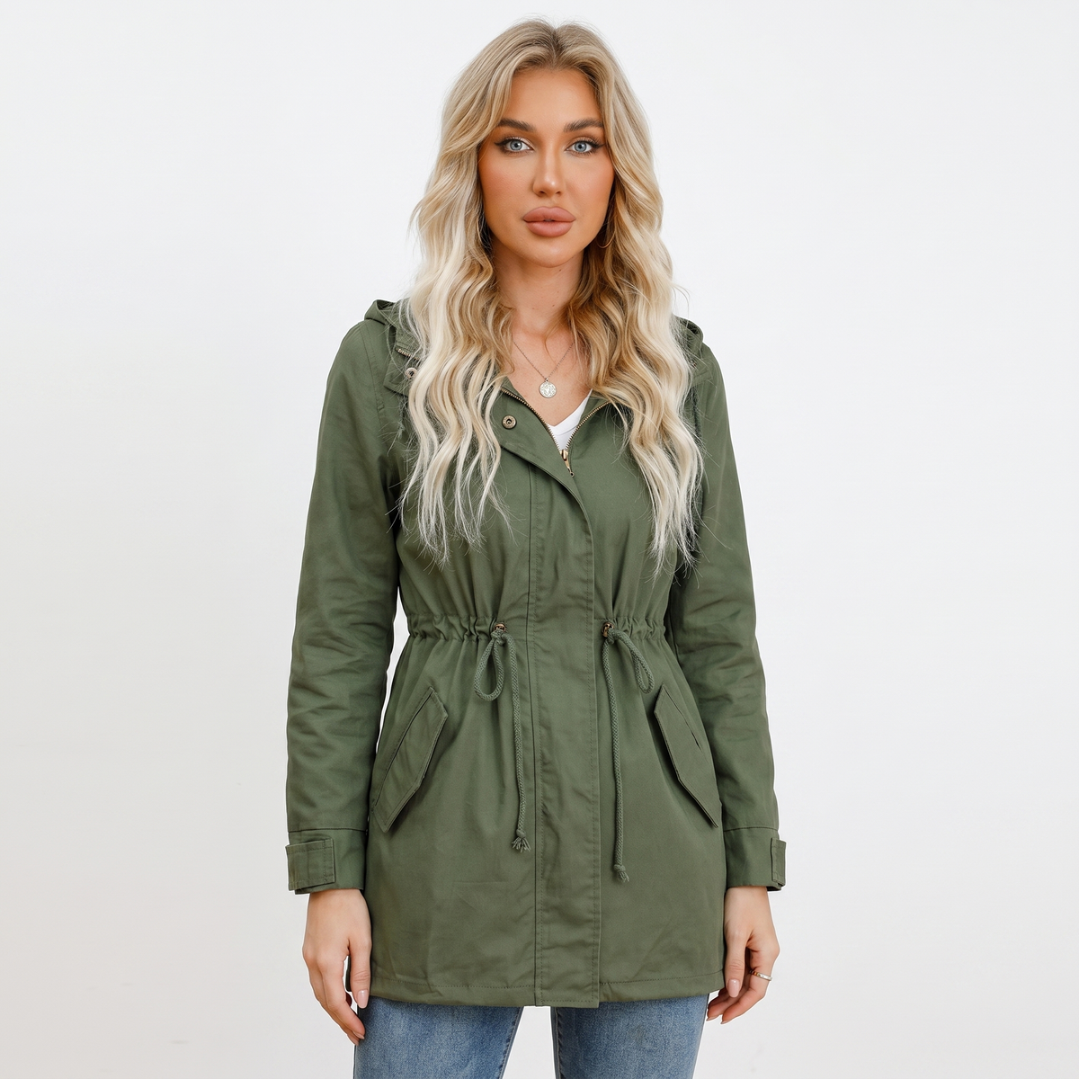Women's Anorak Jacket – Hooded Utility Drawstring Waist Flap Pockets