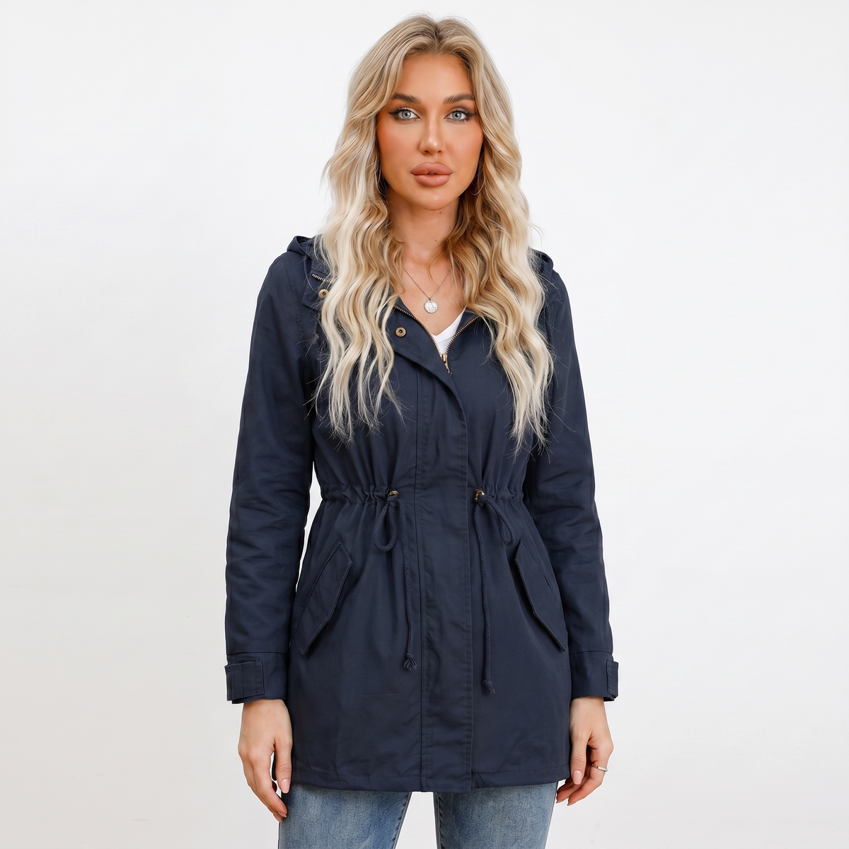 Women's Anorak Jacket – Hooded Utility Drawstring Waist Flap Pockets
