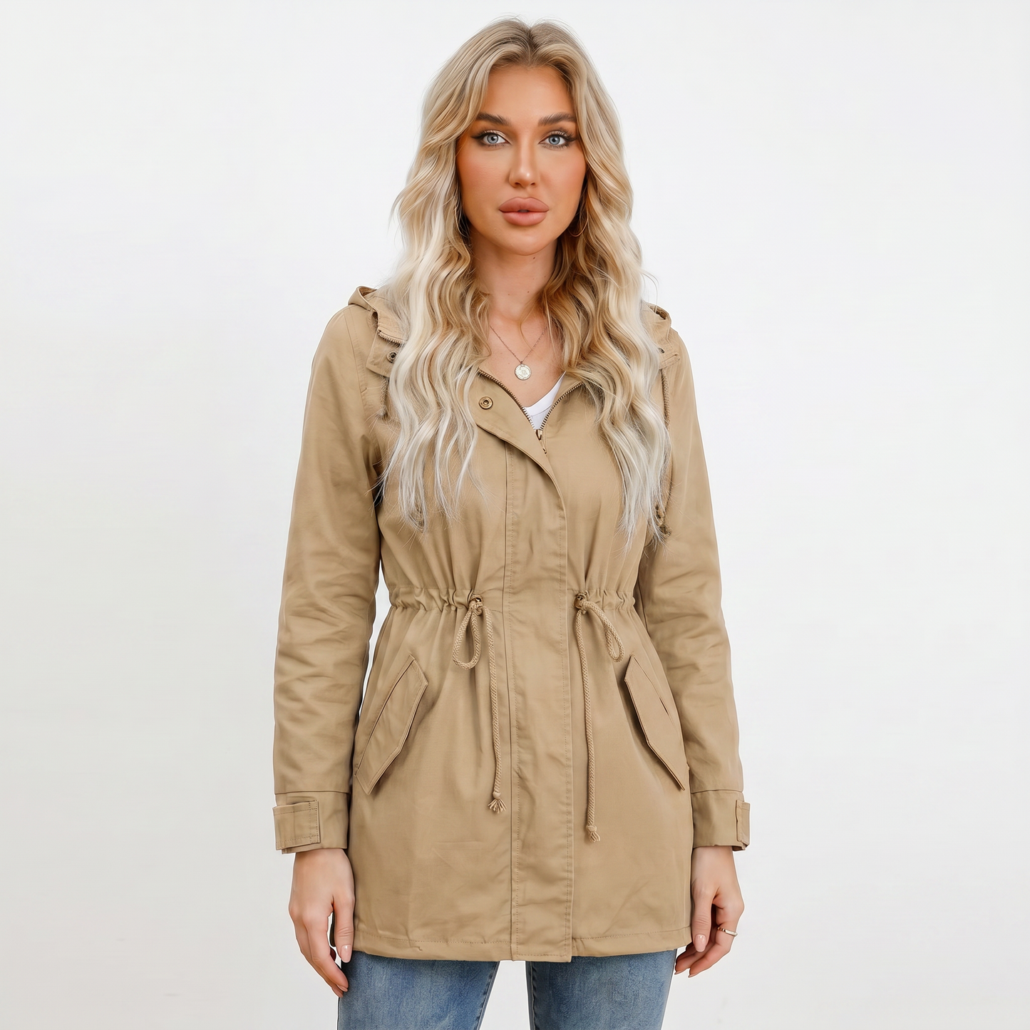 Women's Anorak Jacket – Hooded Utility Drawstring Waist Flap Pockets