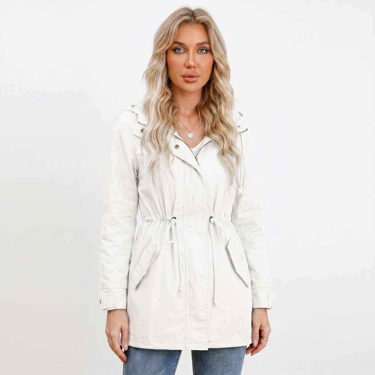 Women's Anorak Jacket – Hooded Utility Drawstring Waist Flap Pockets