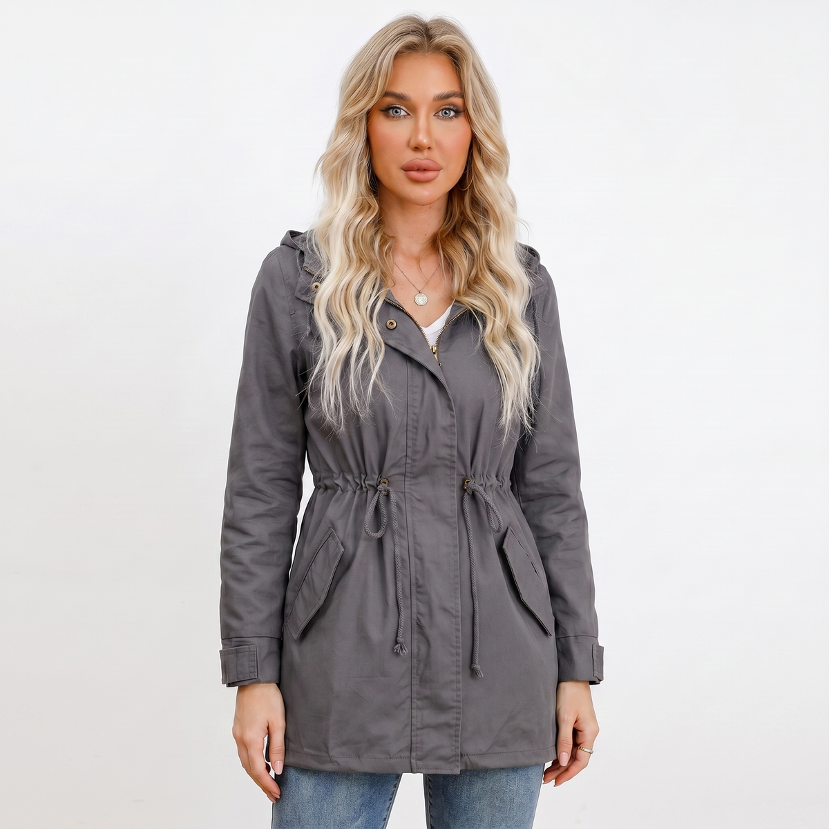 Women's Anorak Jacket – Hooded Utility Drawstring Waist Flap Pockets