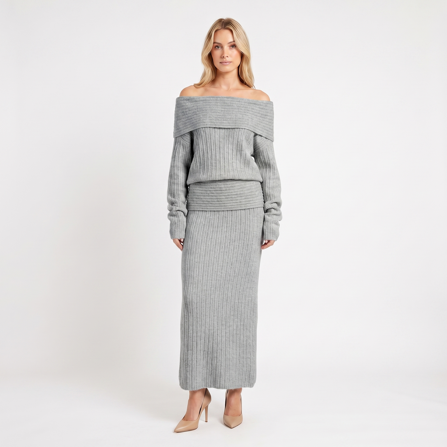 Women's Knit Co-Ord Set – Off-Shoulder Oversized Top Ribbed Column Skirt