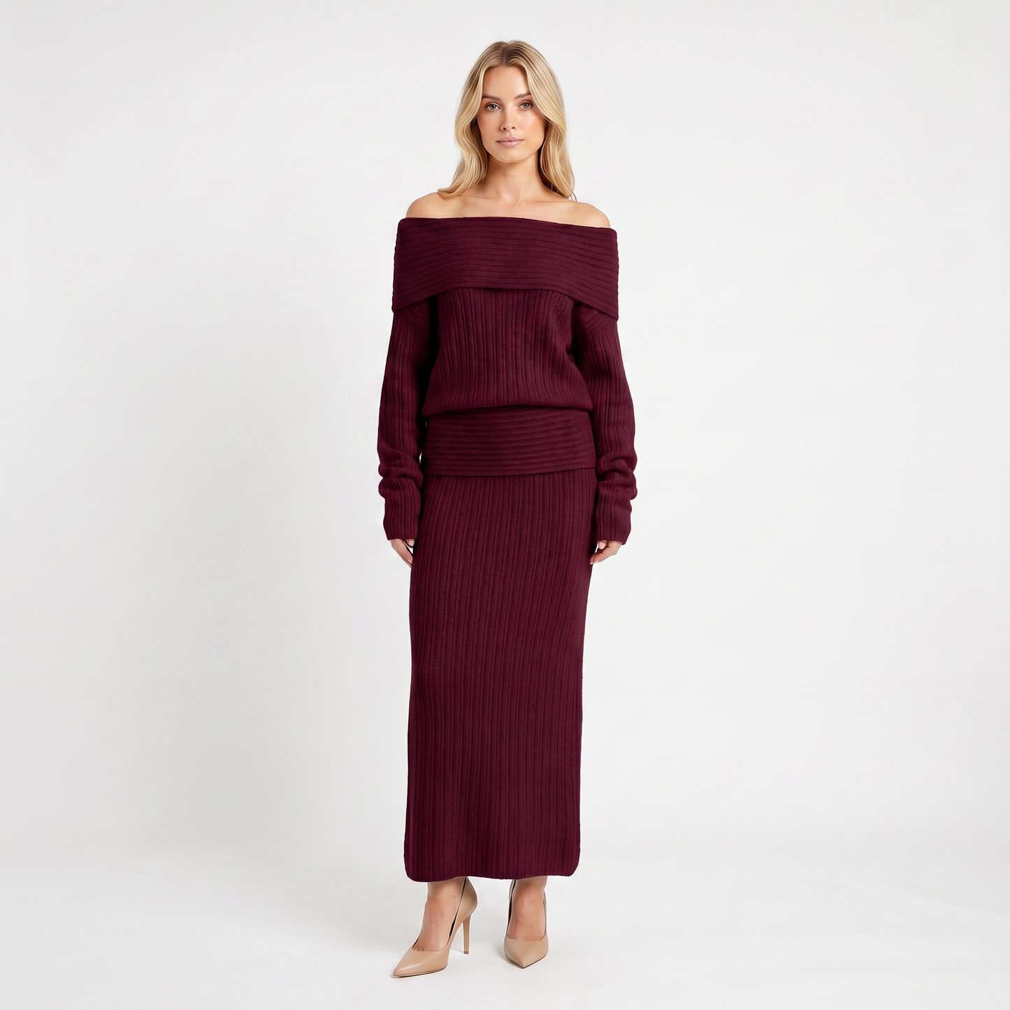 Women's Knit Co-Ord Set – Off-Shoulder Oversized Top Ribbed Column Skirt