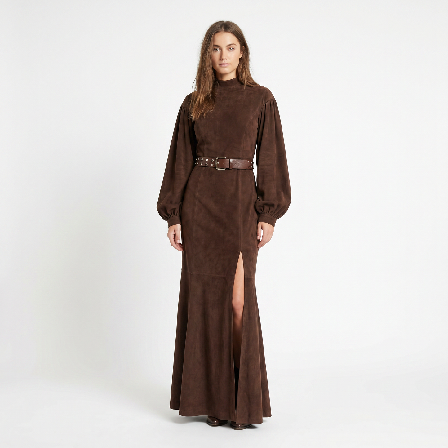 Women's Winter Maxi Dress – Suede-Look Bishop Sleeve Mock Neck Mermaid Slit