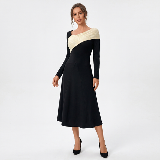 Women's Long Sleeve Maxi Knit Dress – Contrast Cable-Knit Cowl Panel