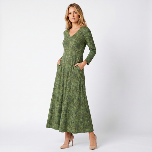 Women's Full Sleeves Winter Dress – V-Neck Floral Jacquard A-Line Maxi