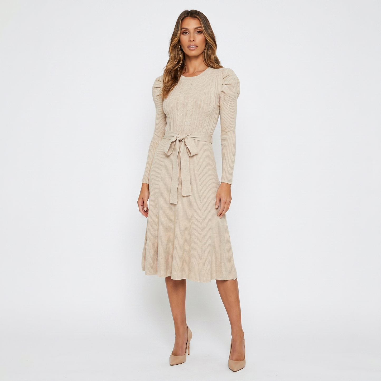 Women's Knit Midi Dress – Puff Shoulder Belted Ribbed A-Line