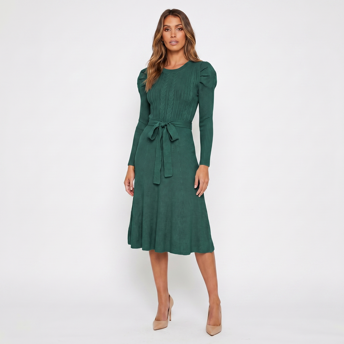 Women's Knit Midi Dress – Puff Shoulder Belted Ribbed A-Line
