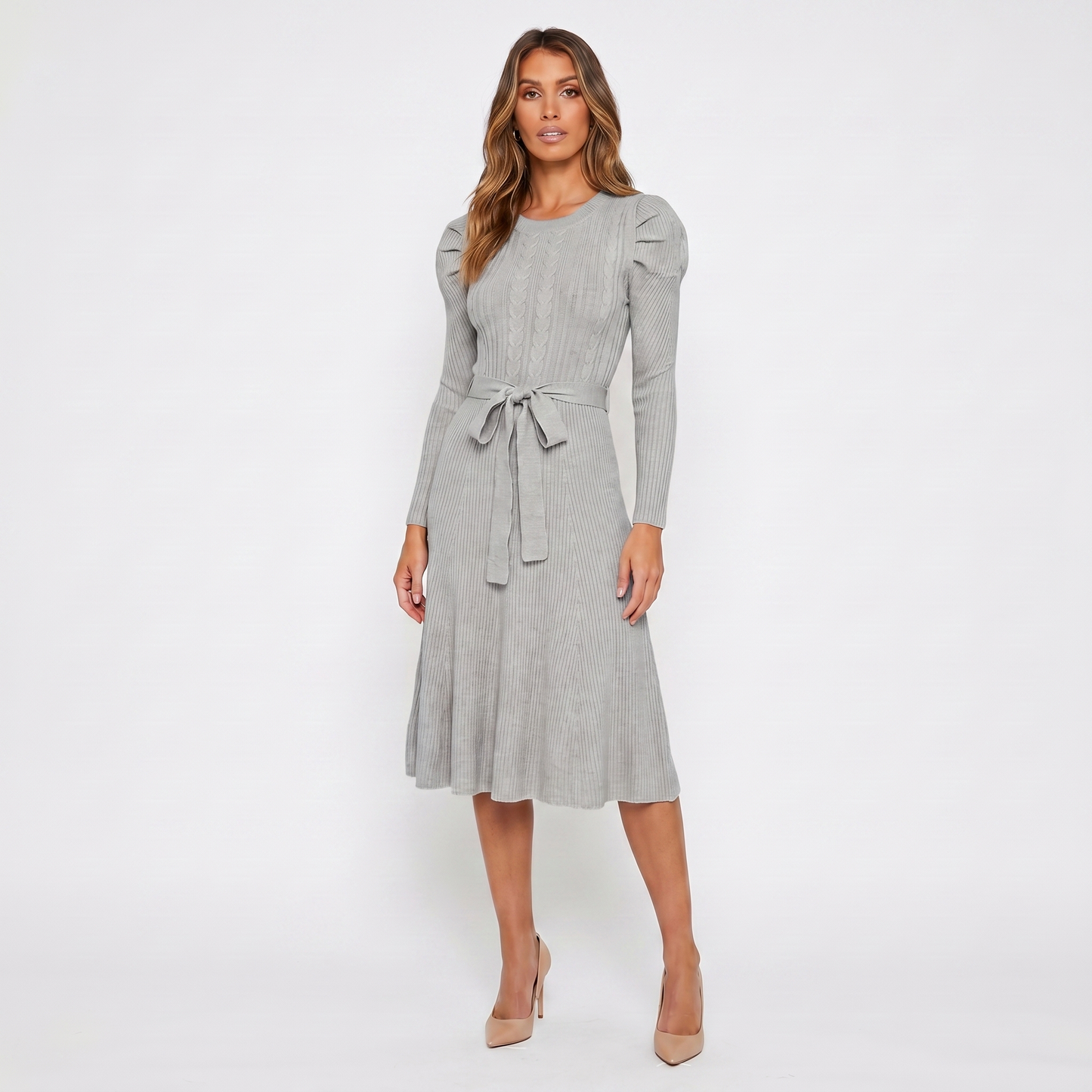 Women's Knit Midi Dress – Puff Shoulder Belted Ribbed A-Line