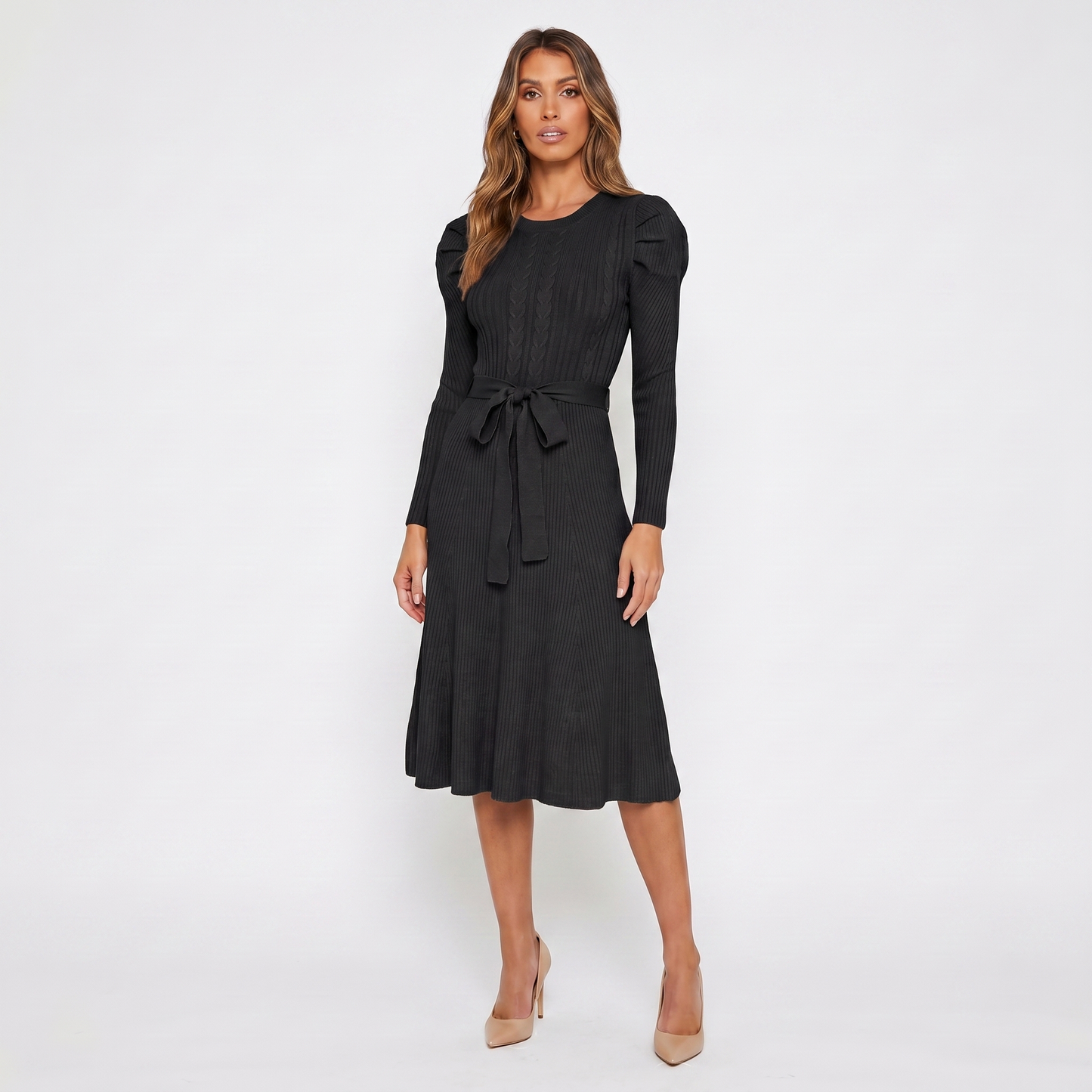 Women's Knit Midi Dress – Puff Shoulder Belted Ribbed A-Line