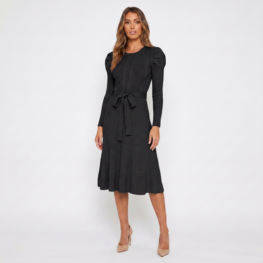 Women's Knit Midi Dress – Puff Shoulder Belted Ribbed A-Line