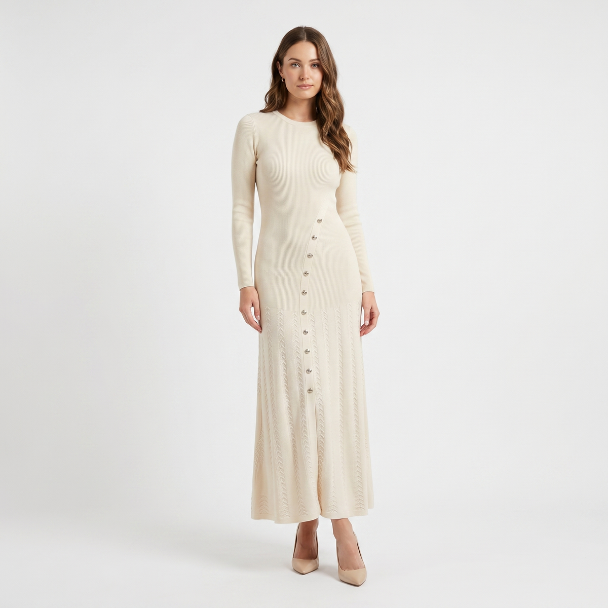 Women's Button Down Long Sleeve Dress – Ribbed Knit Flare Maxi Silver Buttons