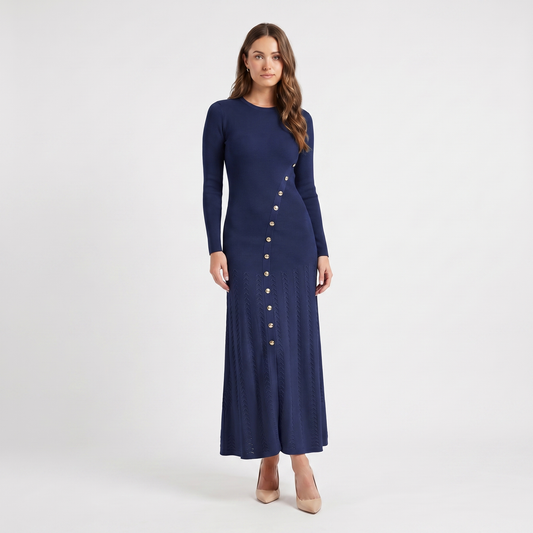 Women's Button Down Long Sleeve Dress – Ribbed Knit Flare Maxi Silver Buttons