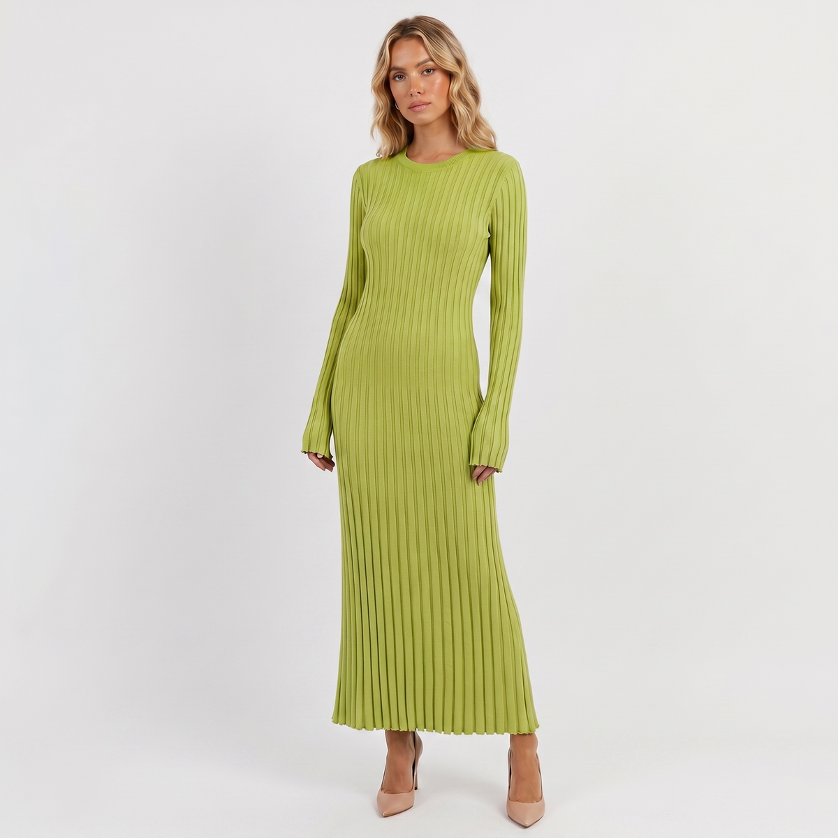 Long Sleeve Maxi Dress - Ribbed Knit Pleated Skirt