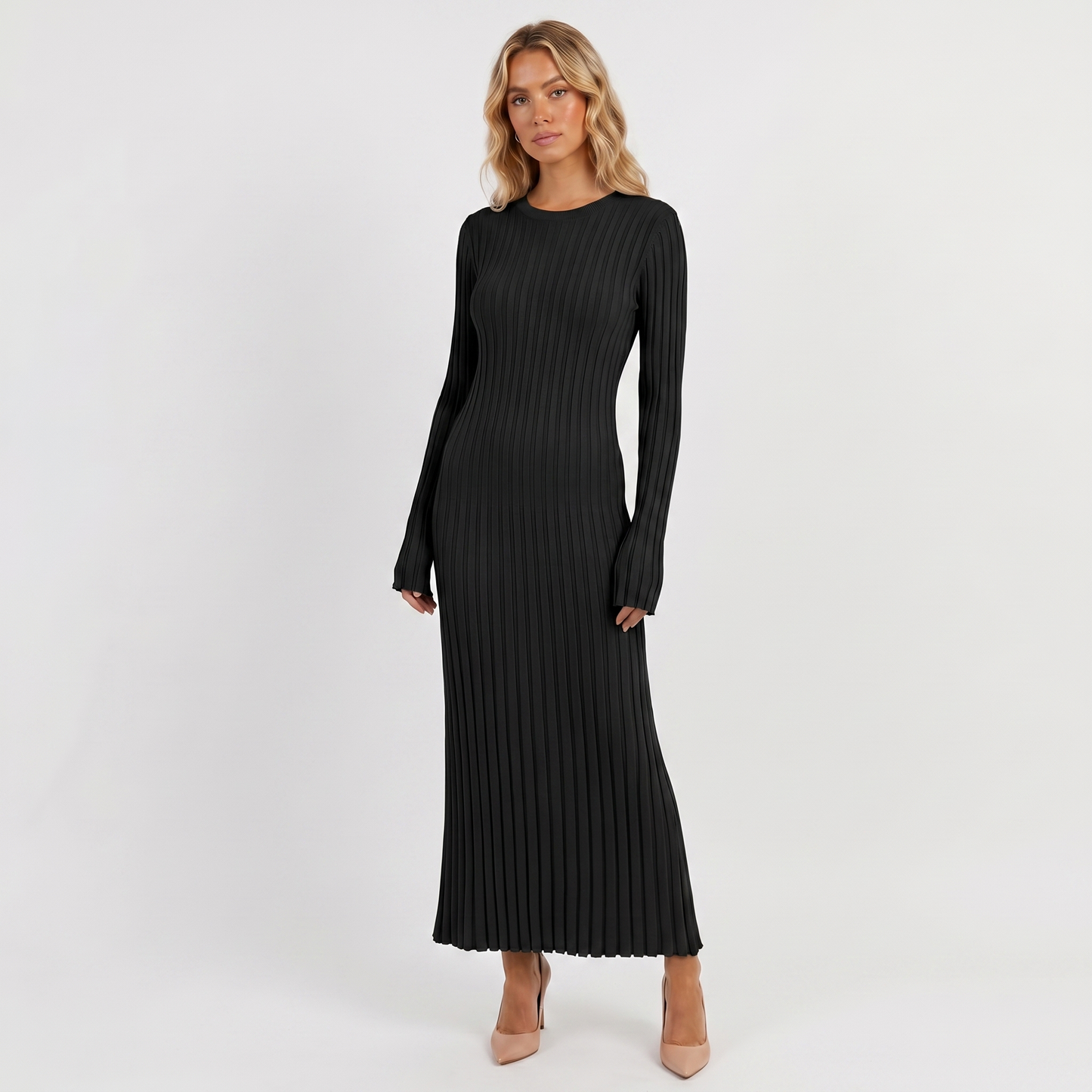 Long Sleeve Maxi Dress - Ribbed Knit Pleated Skirt