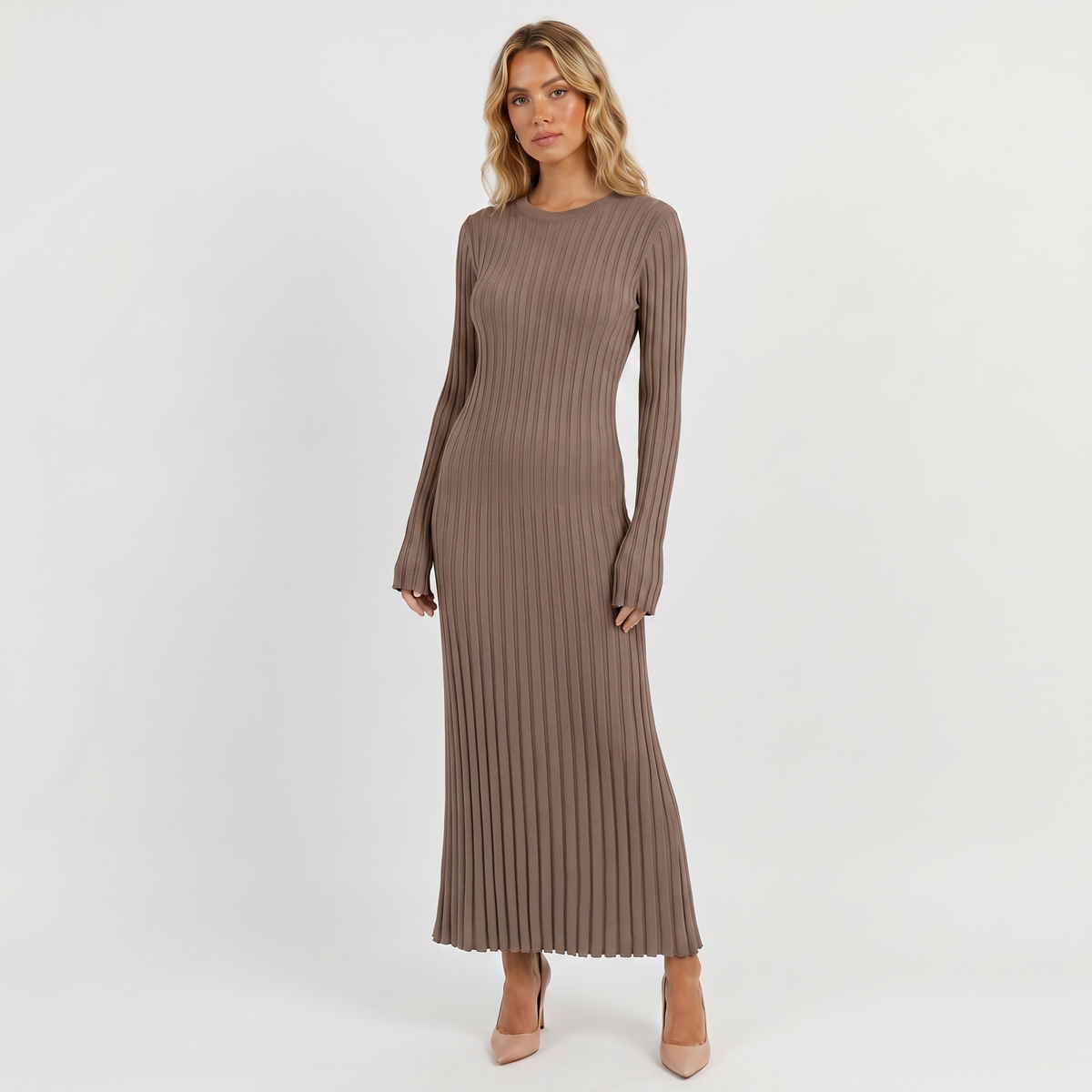 Long Sleeve Maxi Dress - Ribbed Knit Pleated Skirt