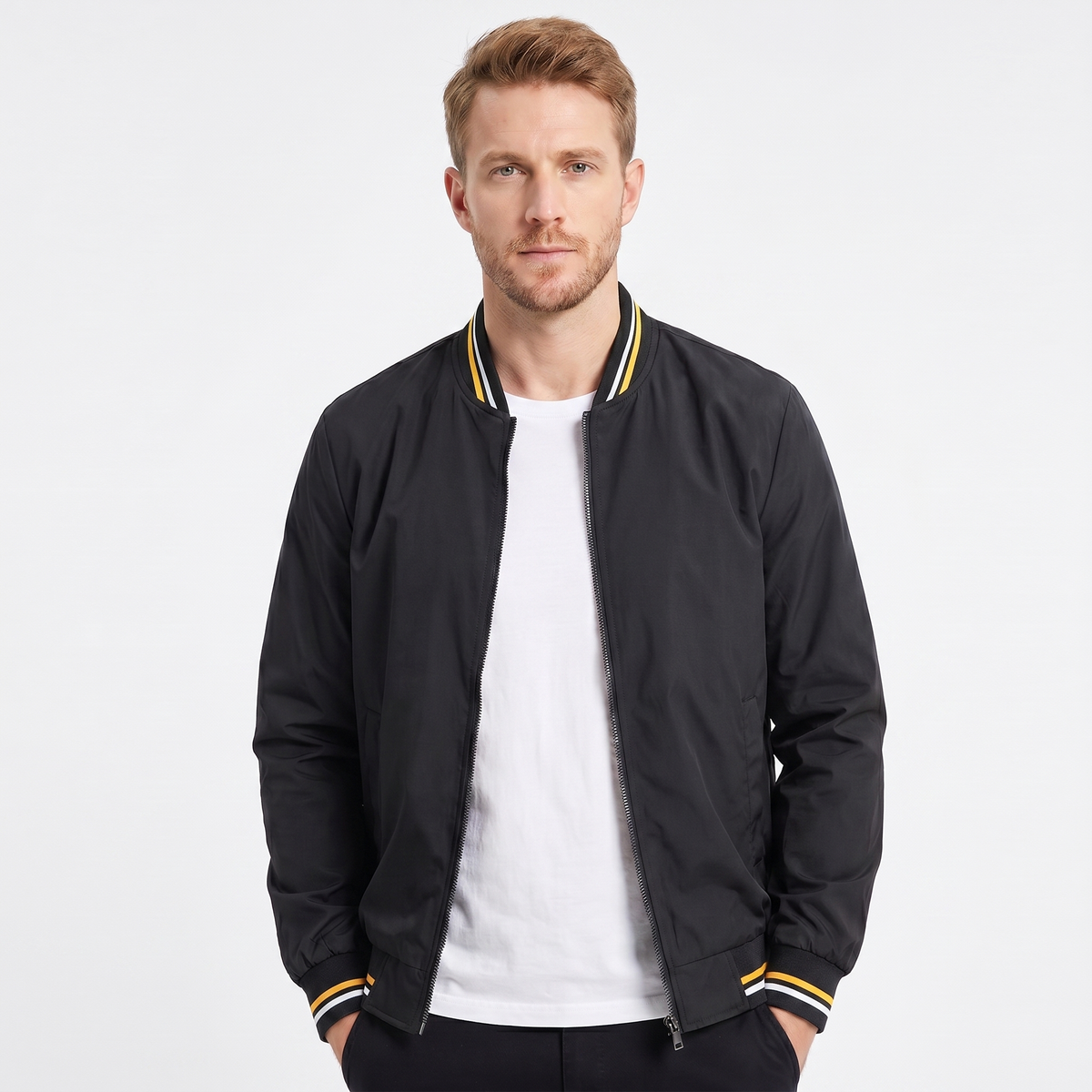 Men's Bomber Jacket – Stripe Rib Collar Lightweight Zip-Front