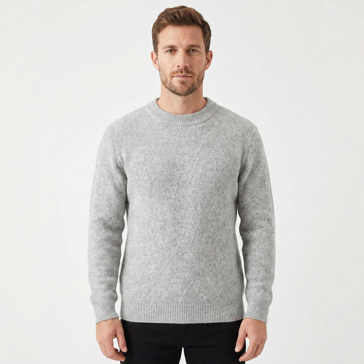 Men's Crew Neck Sweater – Diamond Jacquard Knit Fitted Rib Hem