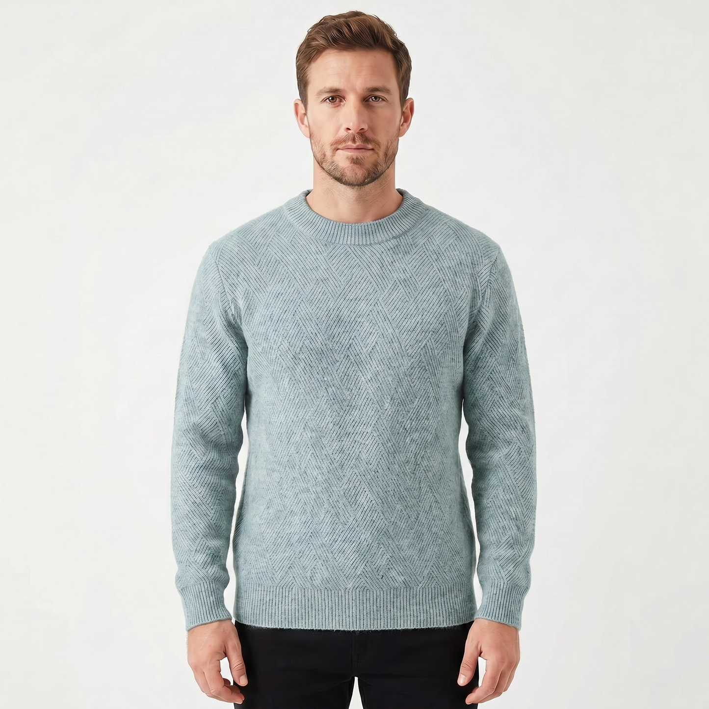 Men's Crew Neck Sweater – Diamond Jacquard Knit Fitted Rib Hem