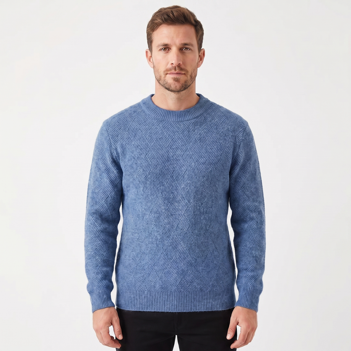 Men's Crew Neck Sweater – Diamond Jacquard Knit Fitted Rib Hem