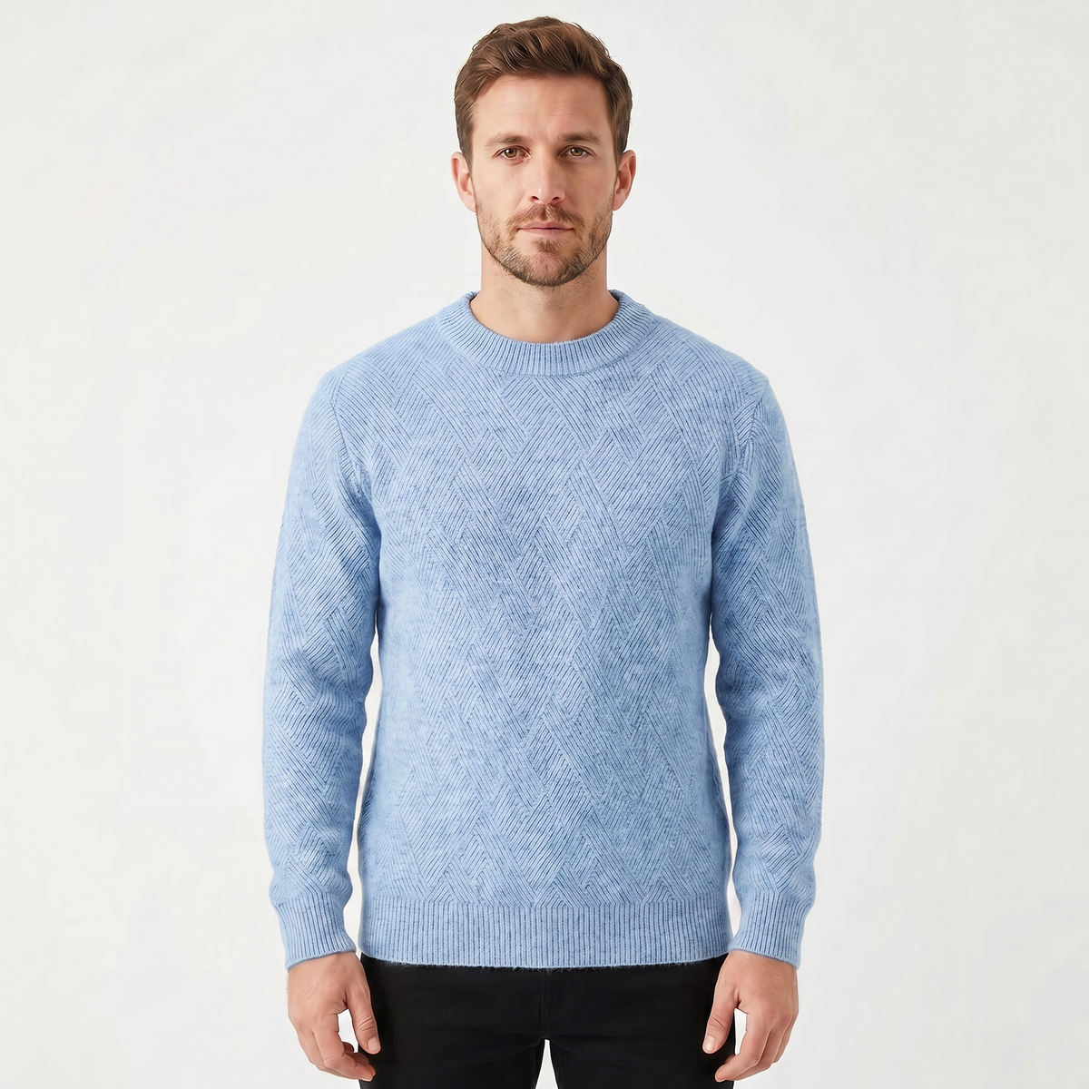Men's Crew Neck Sweater – Diamond Jacquard Knit Fitted Rib Hem