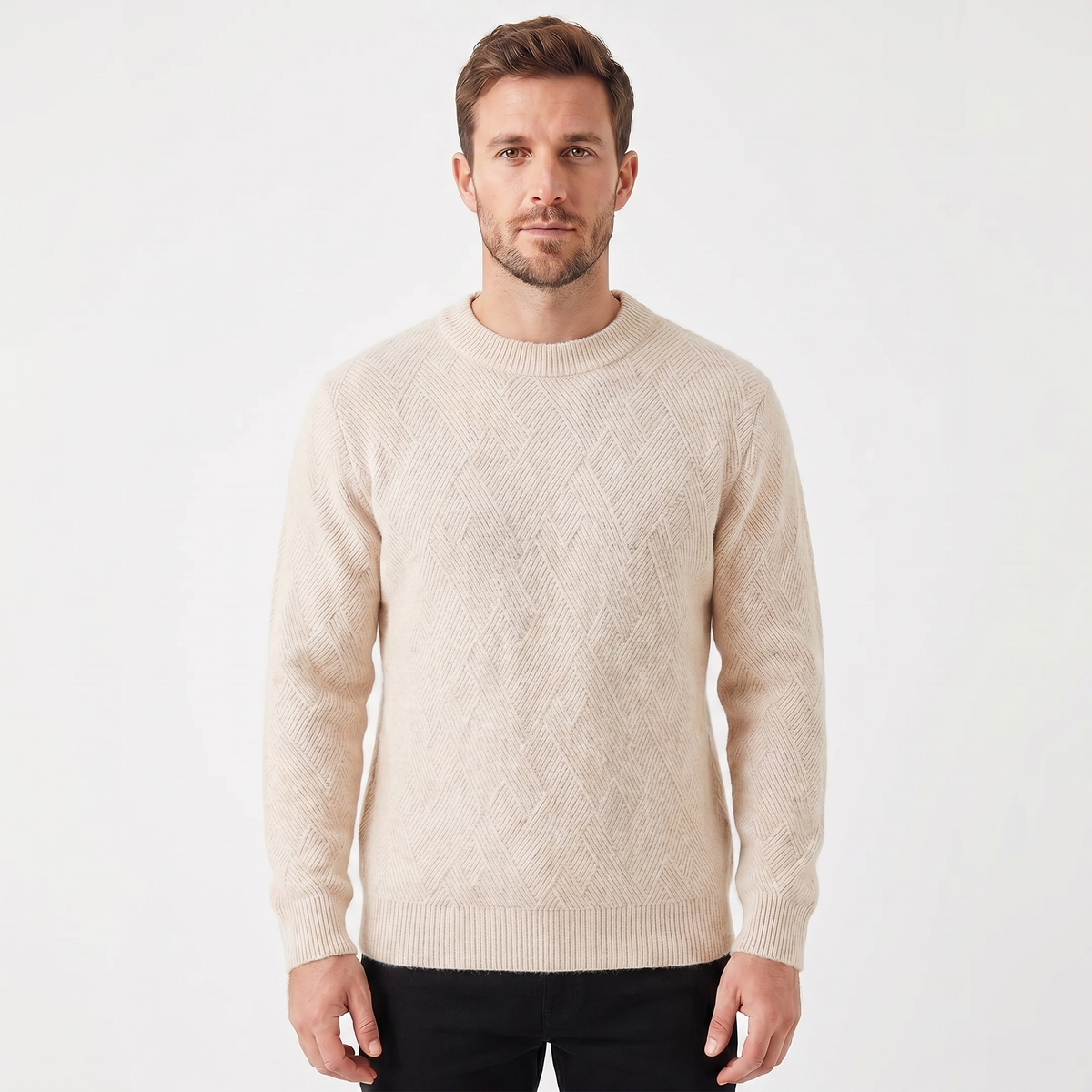 Men's Crew Neck Sweater – Diamond Jacquard Knit Fitted Rib Hem
